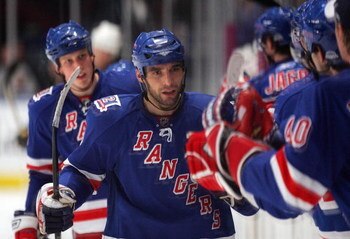 NEW YORK - JANUARY 24:  Michal Roszival #3 of the New York Rangers celebrates his third period goal against the Atlanta Thrashers on January 24, 2008 at Madison Square Garden in New York City.  (Photo by Jim McIsaac/Getty Images)