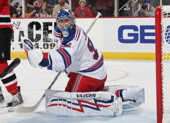 NEWARK, NJ - SEPTEMBER 16: Chad Johnson #96 of the New York Rangers tends net against the New Jersey Devils at the Prudential Center on September 16, 2009 in Newark, New Jersey. (Photo by Bruce Bennett/Getty Images)