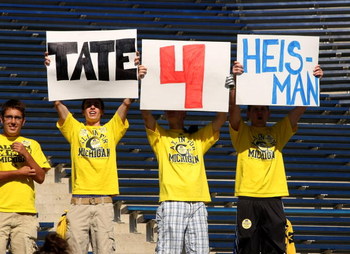 ANN ARBOR, MI - SEPTEMBER 19: Fans of quarterback Tate Forcier #5 of the Michigan Wolverines hold signs promoting him before the game against the Eastern Michigan Eagles at Michigan Stadium on September 19, 2009 in Ann Arbor, Michigan. Michigan won 45-