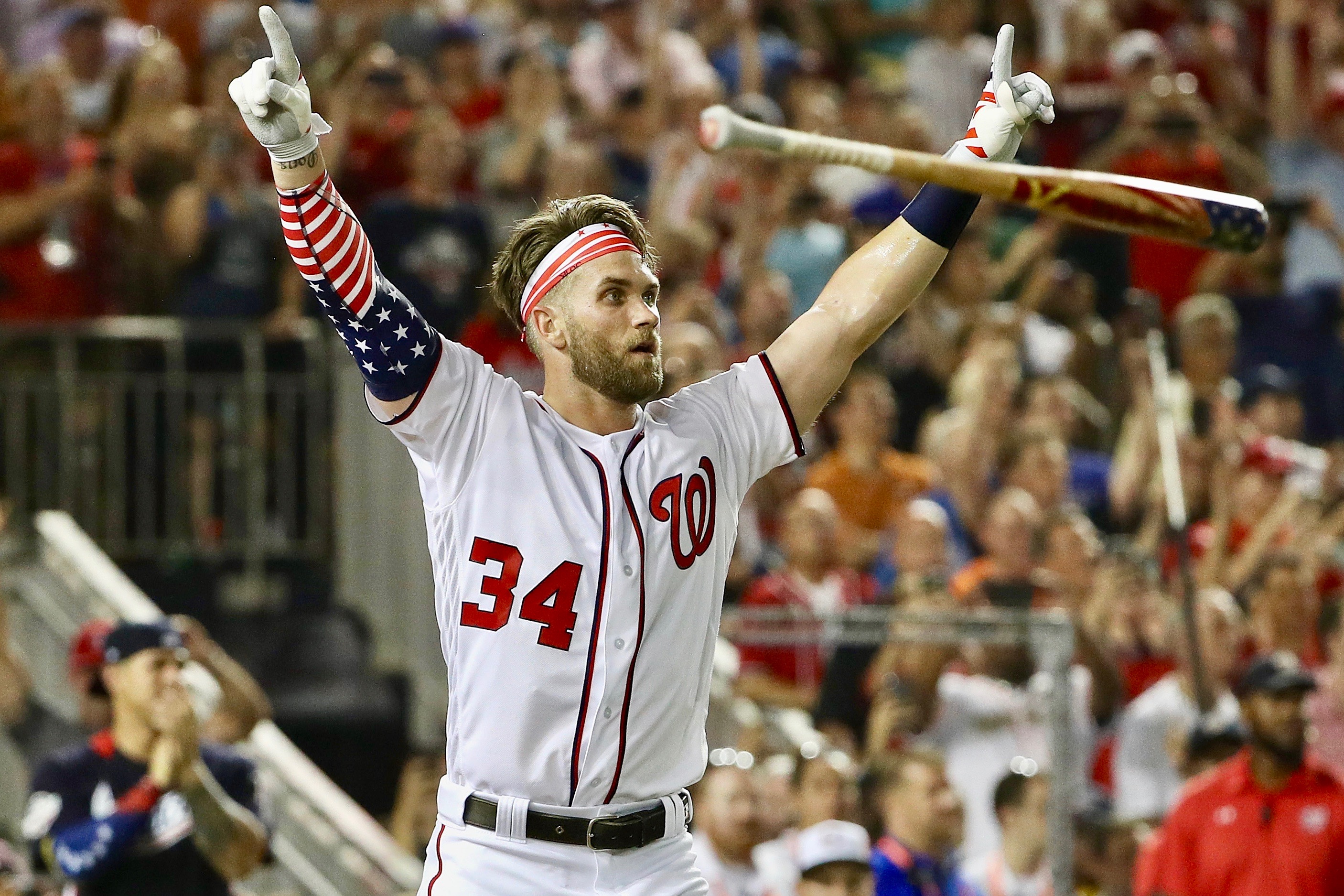 Washington Nationals' Bryce Harper of the National League bats in the 2018  Home Run Derby during the All Star break at Nationals Park in Washington,  D.C. on July 16, 2018. Photo by