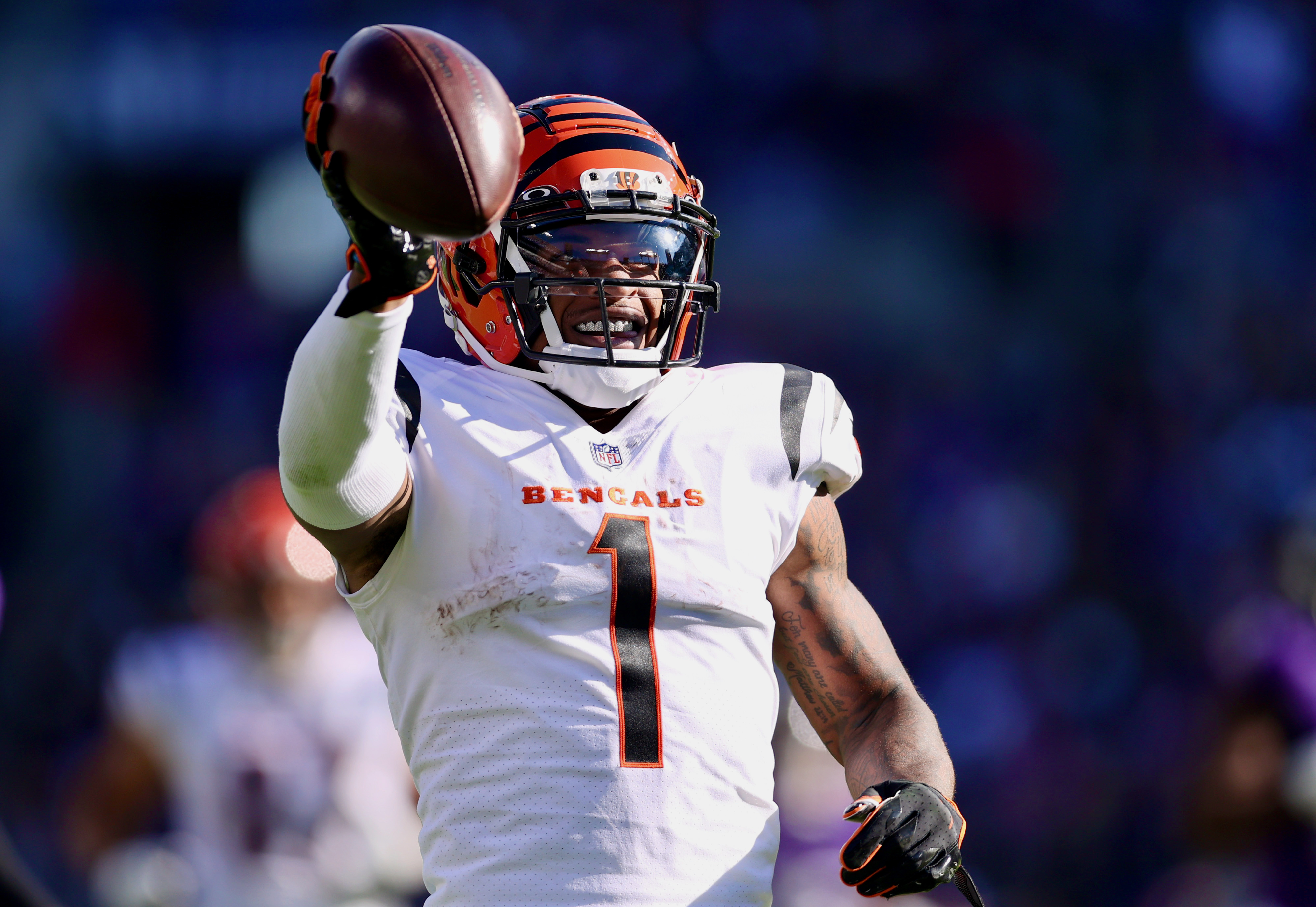 BALTIMORE, MD - OCTOBER 24: A view of the helmet of a Cincinnati Bengal  during the Cincinnati Bengals game versus the Baltimore Ravens on October  24, 2021 at M&T Bank Stadium in