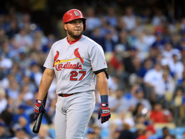 15 APR 2015: St. Louis Cardinals' Jhonny Peralta, left, strps back