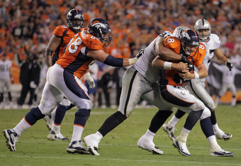 Denver Broncos quarterback Kyle Orton (8) during an NFL football game  against the Kansas City Chiefs Sunday, Dec. 5, 2010, in Kansas City, Mo.  The Chiefs won 10-6. (AP Photo/Ed Zurga Stock Photo - Alamy