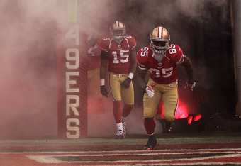 San Francisco 49ers' Michael Crabtree (15) and Vernon Davis (85