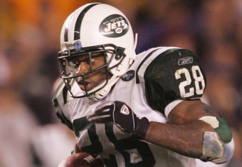 Curtis Martin (28), running back for the New York Jets, rushes upfield  against the Buffalo Bills on October 16, 2005 at Ralph Wilson Stadium in  Orchard Park, NY. The Bills defeated the