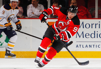 Zach Parise #9 of the New Jersey Devils shoots the puck