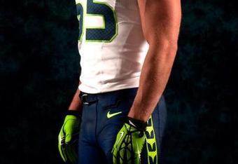 The new Seattle Seahawks uniform is displayed on a mannequin in New York,  Tuesday, April 3, 2012. NFL has unveiled its new sleek uniforms designed by  Nike. While most of the new