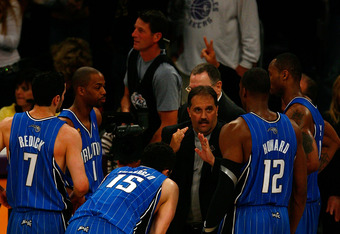 Orlando Magic head coach Stan Van Gundy reacts to a referee's call against  the Magic during their 90-89 loss to the Detroit Pistons in Game 4 of the  NBA Eastern Conference semi-finals