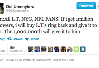 Osi Umenyiora offers to buy back Lawrence Taylor's Super Bowl ring, but  there's a catch