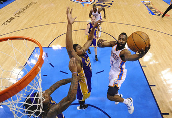 Los Angeles Lakers' Kobe Bryant bites his jersey against the Oklahoma  Thunder during the second half of Game 1 of their Western Conference  playoff series at Staples Center in Los Ageles on April 18, 2010. The  Lakers defeated the Thunder 87-79. UPI