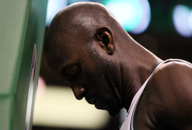 BOSTON, MA - MAY 07: Kevin Garnett #5 of the Boston Celtics gets ready before Game Three of the Eastern Conference Semifinals in the 2011 NBA Playoffs on May 7, 2011 at the TD Garden in Boston, Massachusetts.  NOTE TO USER: User expressly acknowledges and agrees that, by downloading and or using this photograph, User is consenting to the terms and conditions of the Getty Images License Agreement.  (Photo by Elsa/Getty Images)