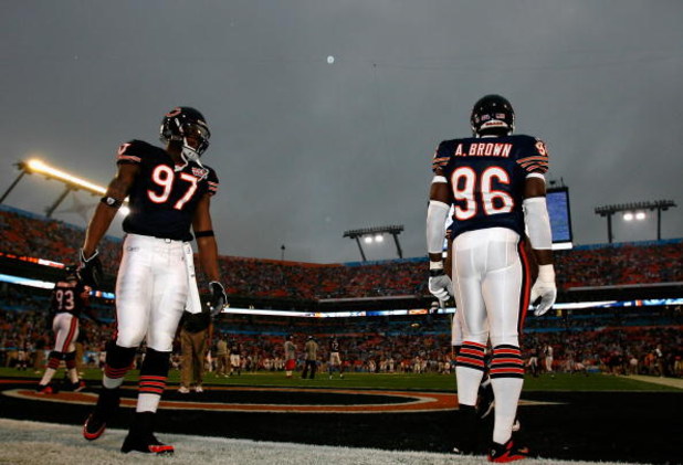 MIAMI GARDENS, FL - FEBRUARY 04:  Mark Anderson #97 and Alex Brown #96 of the Chicago Bears stand on the field before playing in Super Bowl XLI against the Indianapolis Colts on February 4, 2007 at Dolphin Stadium in Miami Gardens, Florida.  (Photo by Don