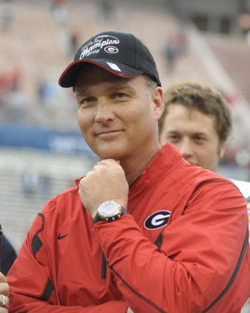 ORLANDO, FL - JANUARY 1: Coach Mark Richt of the University of Georgia smiles during a post-game awards presentation against the Michigan State Spartans at the 2009 Capital One Bowl at the Citrus Bowl on January 1, 2009 in Orlando, Florida.  (Photo by Al 