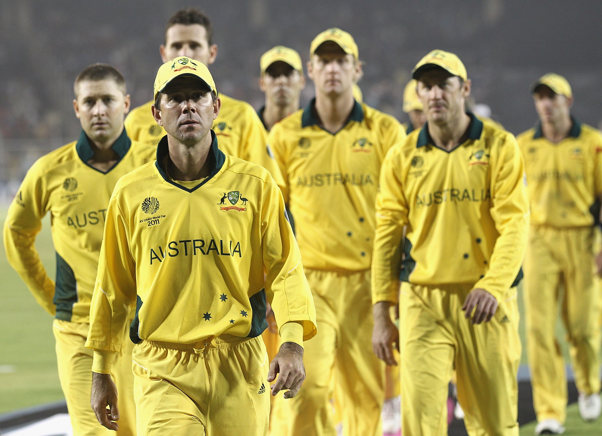AHMEDABAD, INDIA - MARCH 24: Ricky Ponting of Australia leads his team from the field after their loss during the 2011 ICC World Cup Quarter Final match between Australia and India at Sardar Patel Stadium on March 24, 2011 in Ahmedabad, India. (Photo by AHMEDABAD, INDIA - MARCH 24: Ricky Ponting of Australia leads his team from the field after their loss during the 2011 ICC World Cup Quarter Final match between Australia and India at Sardar Patel Stadium on March 24, 2011 in Ahmedabad, India. (Photo by