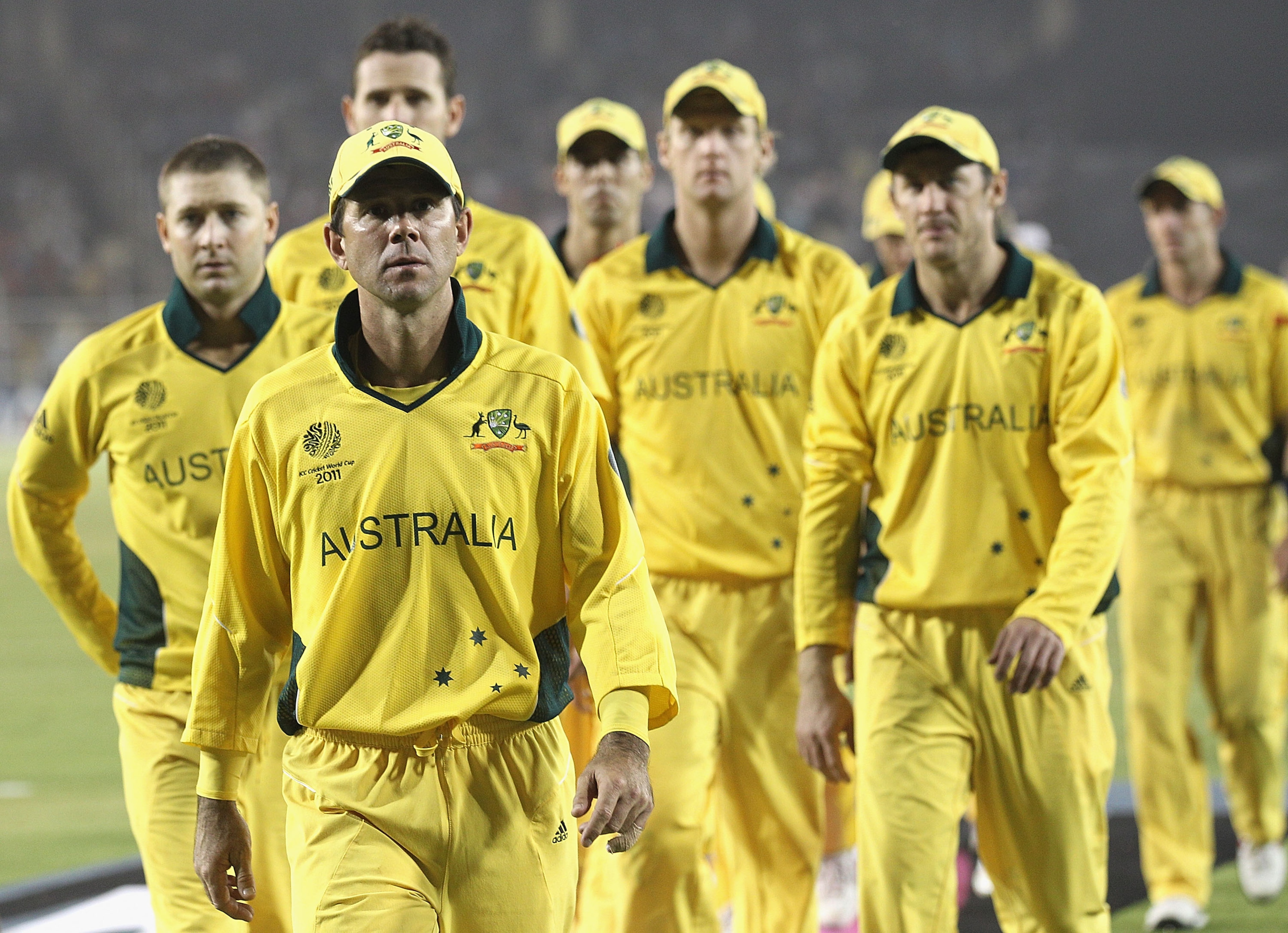 AHMEDABAD, INDIA - MARCH 24:  Ricky Ponting of Australia leads his team from the field after their loss during the 2011 ICC World Cup Quarter Final match between Australia and India at Sardar Patel Stadium on March 24, 2011 in Ahmedabad, India.  (Photo by