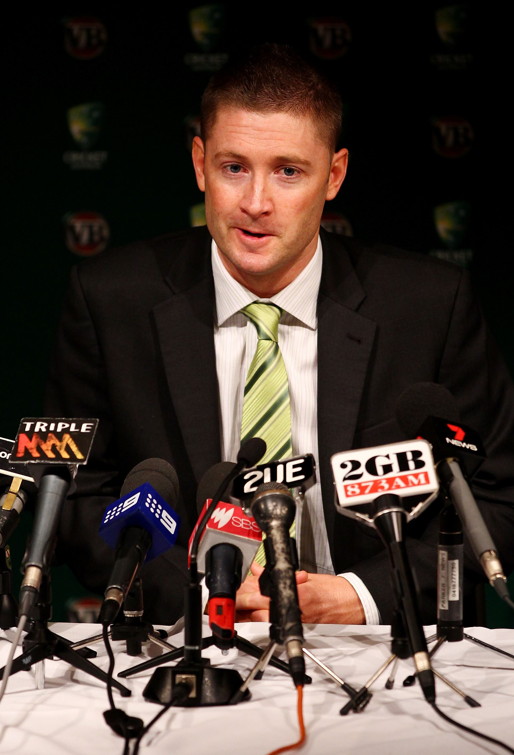 SYDNEY, AUSTRALIA - APRIL 04:  Australian cricket captain Michael Clarke speaks to the media during a press conference at Sydney International Airport on April 4, 2011 in Sydney, Australia.  (Photo by Mark Nolan/Getty Images)