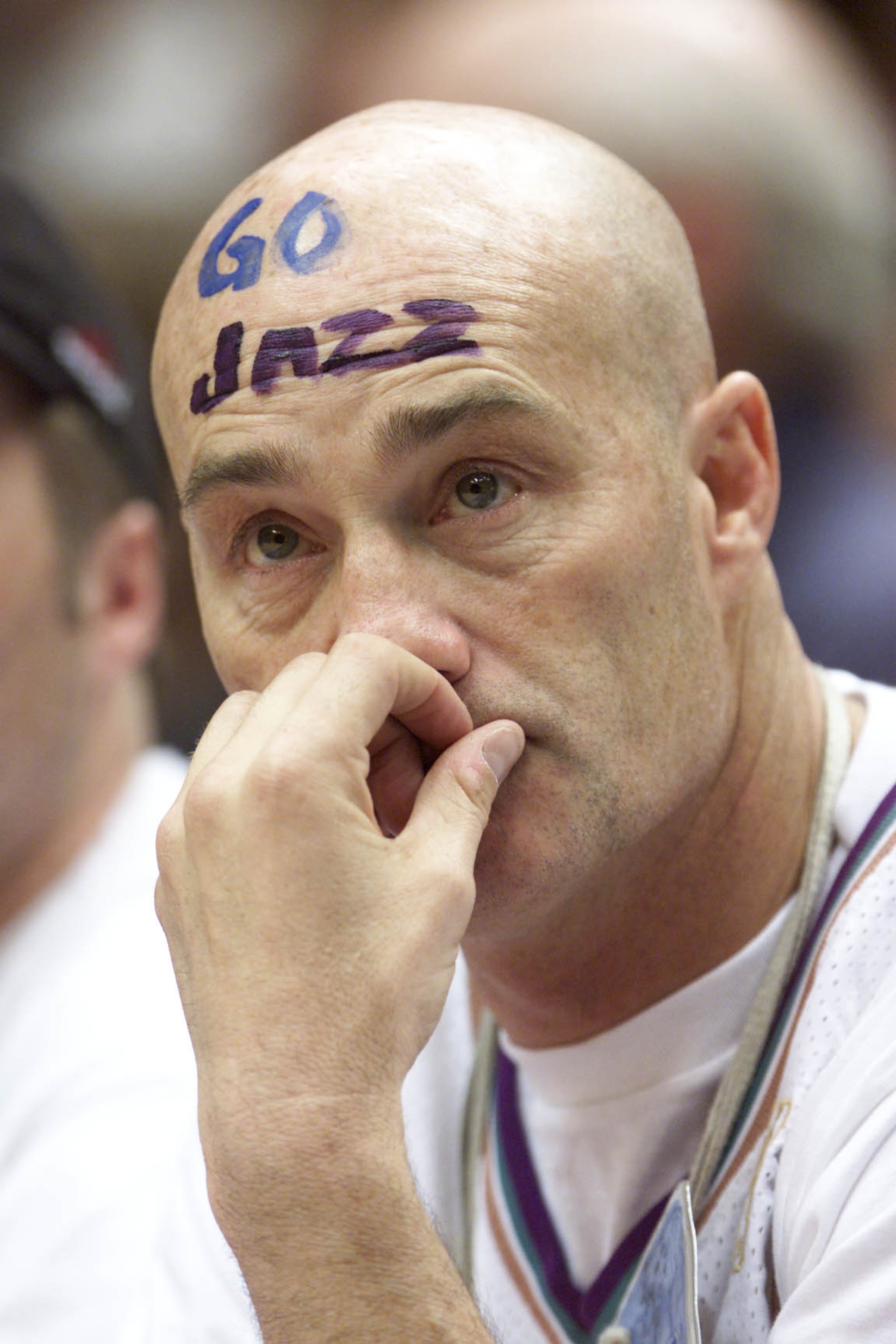 21 Apr 2001:  A Utah Jazz fan looks on during game one of the NBA playoffs against the Dallas Mavericks at the Delta Center in Salt Lake City, Utah.  The Jazz won 88-86.  DIGITAL IMAGE.  Mandatory Credit: Brian Bahr/Allsport