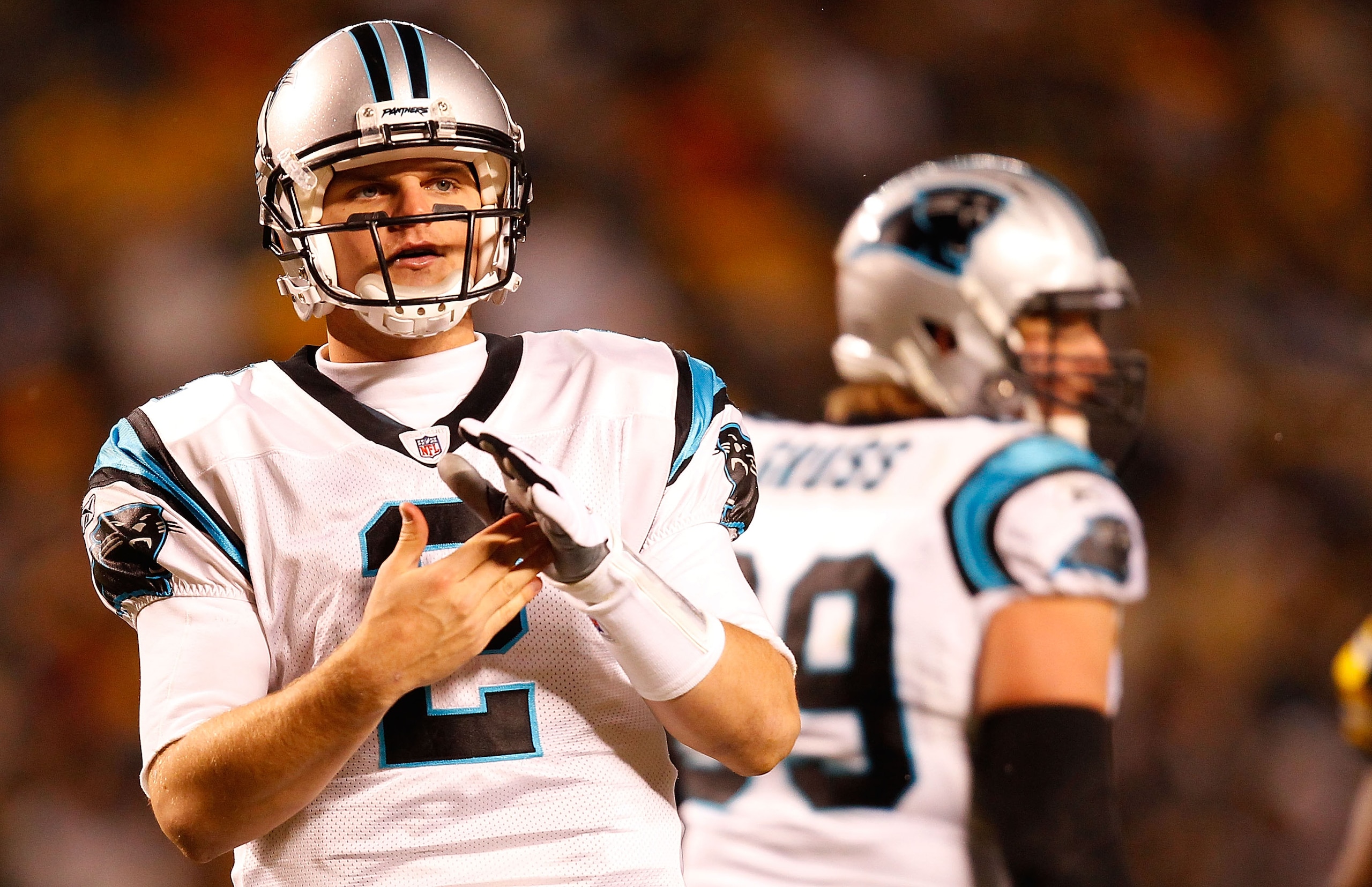 PITTSBURGH - DECEMBER 23: Jimmy Clausen #2 of the Carolina Panthers calls a timeout during the game against the Pittsburgh Steelers on December 23, 2010 at Heinz Field in Pittsburgh, Pennsylvania. (Photo by Jared Wickerham/Getty Images) PITTSBURGH - DECEMBER 23: Jimmy Clausen #2 of the Carolina Panthers calls a timeout during the game against the Pittsburgh Steelers on December 23, 2010 at Heinz Field in Pittsburgh, Pennsylvania. (Photo by Jared Wickerham/Getty Images)