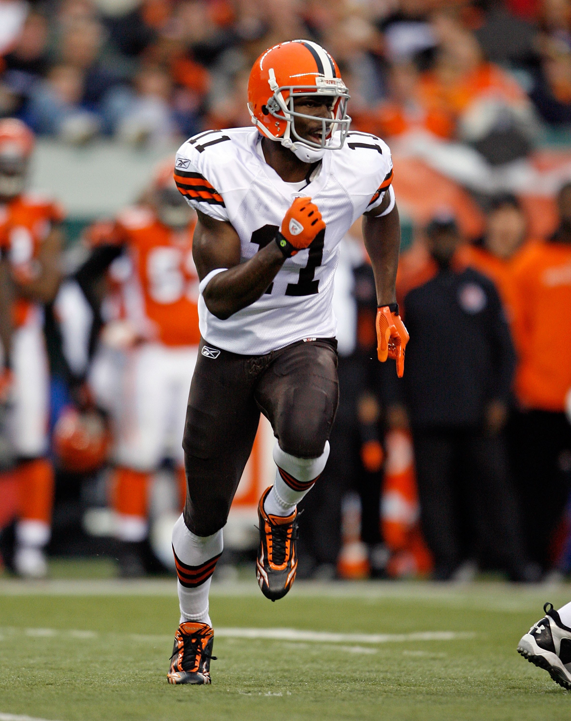 CINCINNATI - NOVEMBER 29:  Mohamed Massaquoi #11 of  the Cleveland Browns runs during the NFL game against the Cincinnati Bengals at Paul Brown Stadium on November 29, 2009 in Cincinnati, Ohio.  (Photo by Andy Lyons/Getty Images)