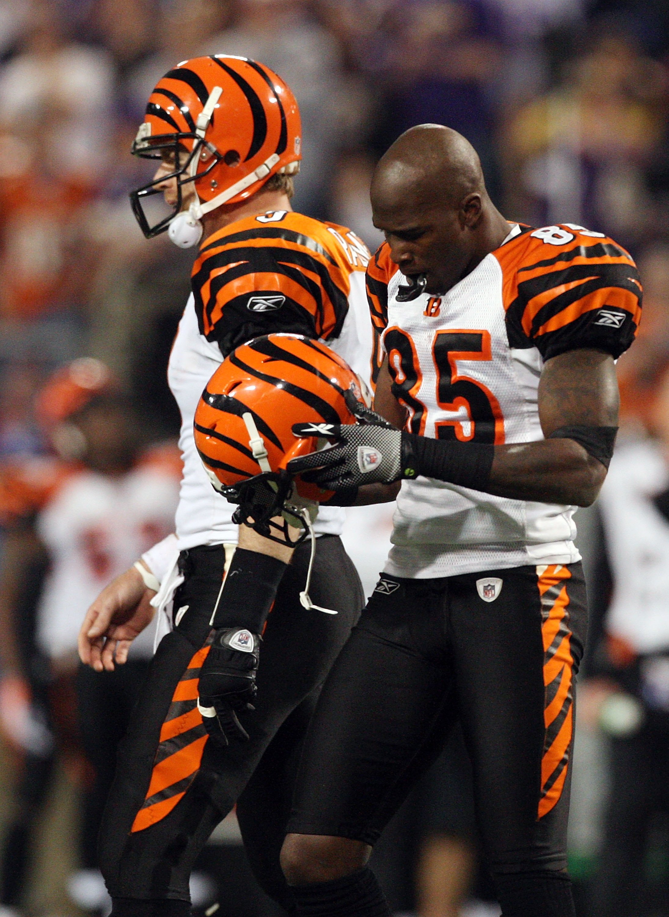 MINNEAPOLIS, MN - DECEMBER 13:  Chad Ochocinco #85 and Carson Palmer #9 of the Cincinnati Bengals look on in the second half against the Minnesota Vikings on December 13, 2009 at Hubert H. Humphrey Metrodome in Minneapolis, Minnesota. The Vikings defeated