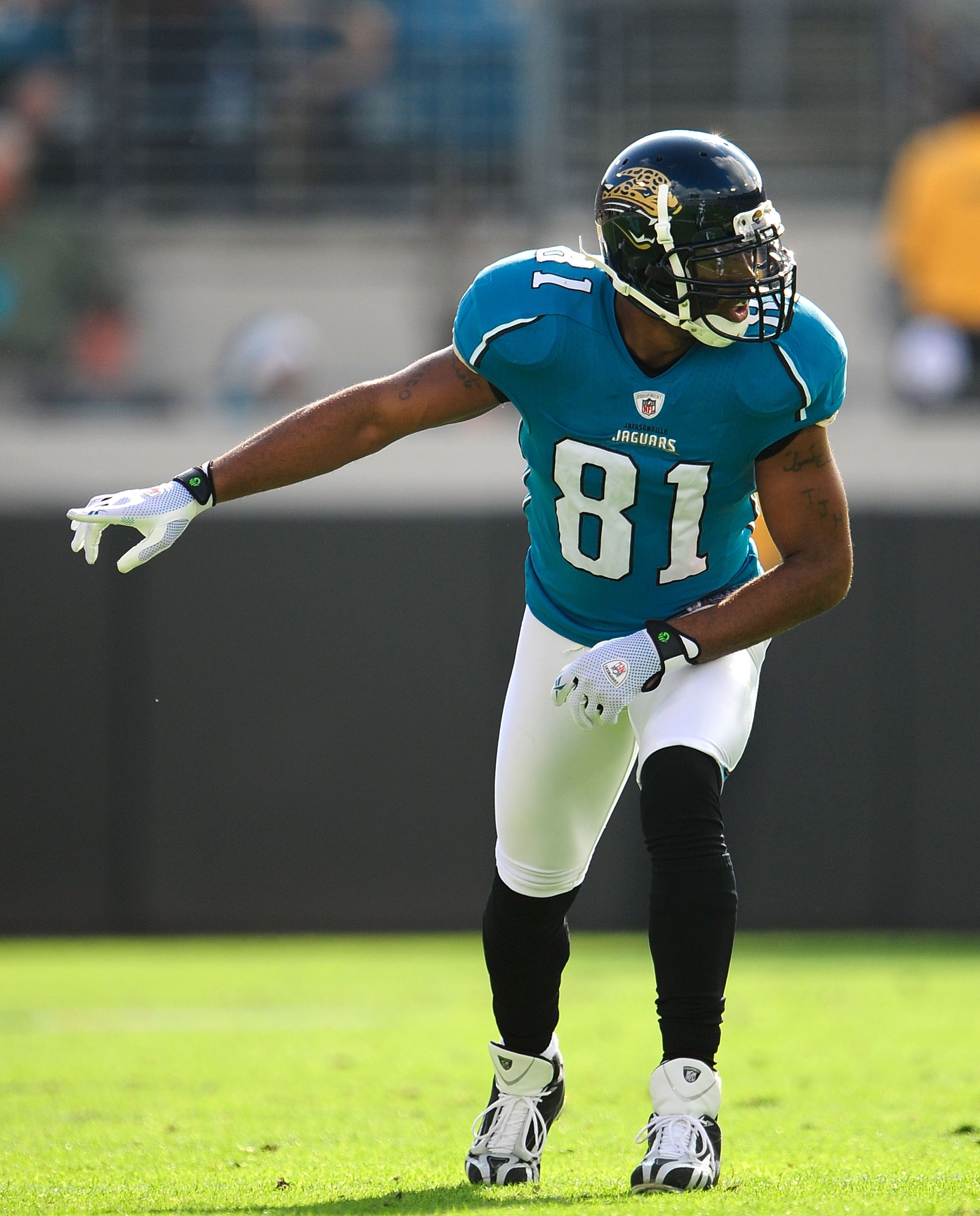 JACKSONVILLE, FL - DECEMBER 13:  Torry Holt #81 of the Jacksonville Jaguars prepares to run a route during the game against the Miami Dolphins at Jacksonville Municipal Stadium on December 13, 2009 in Jacksonville, Florida.  (Photo by Sam Greenwood/Getty 