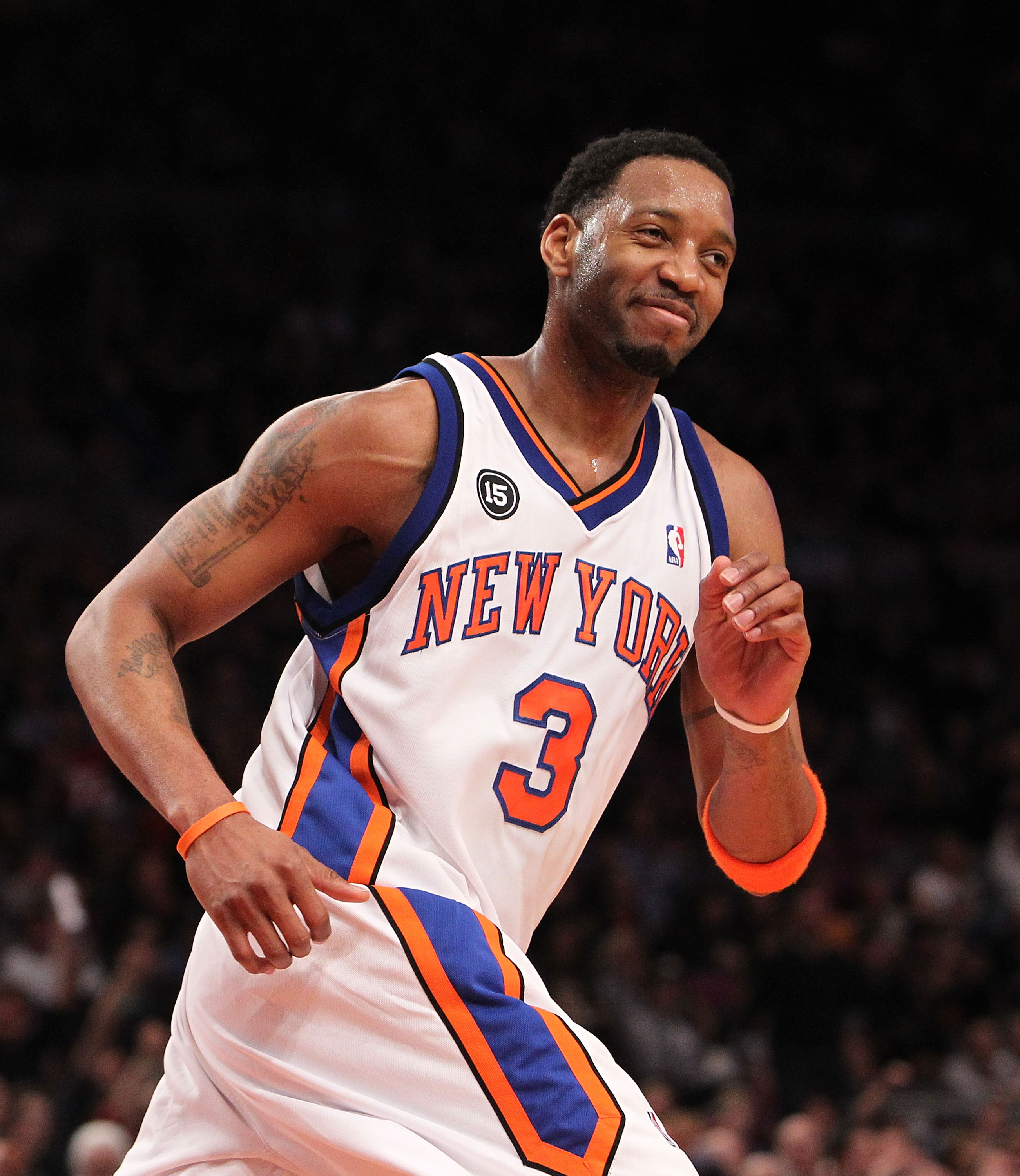 NEW YORK - FEBRUARY 20:  Tracy McGrady #3 of the New York Knicks smiles after making a basket against the Oklahoma City Thunder at Madison Square Garden on February 20, 2010 in New York, New York. NOTE TO USER: User expressly acknowledges and agrees that,