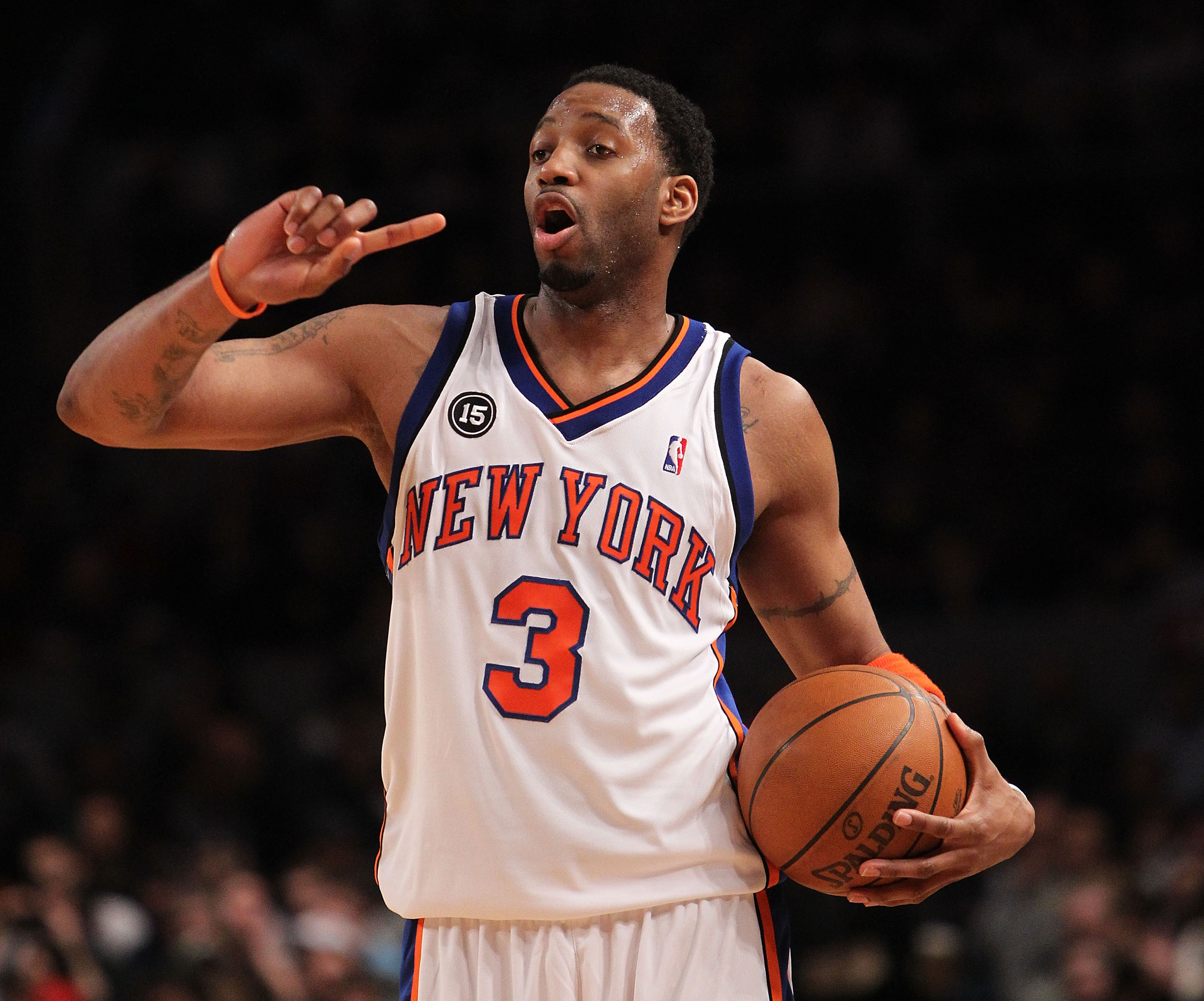 NEW YORK - FEBRUARY 20:  Tracy McGrady #3 of the New York Knicks gestures against the Oklahoma City Thunder at Madison Square Garden on February 20, 2010 in New York, New York. NOTE TO USER: User expressly acknowledges and agrees that, by downloading and 