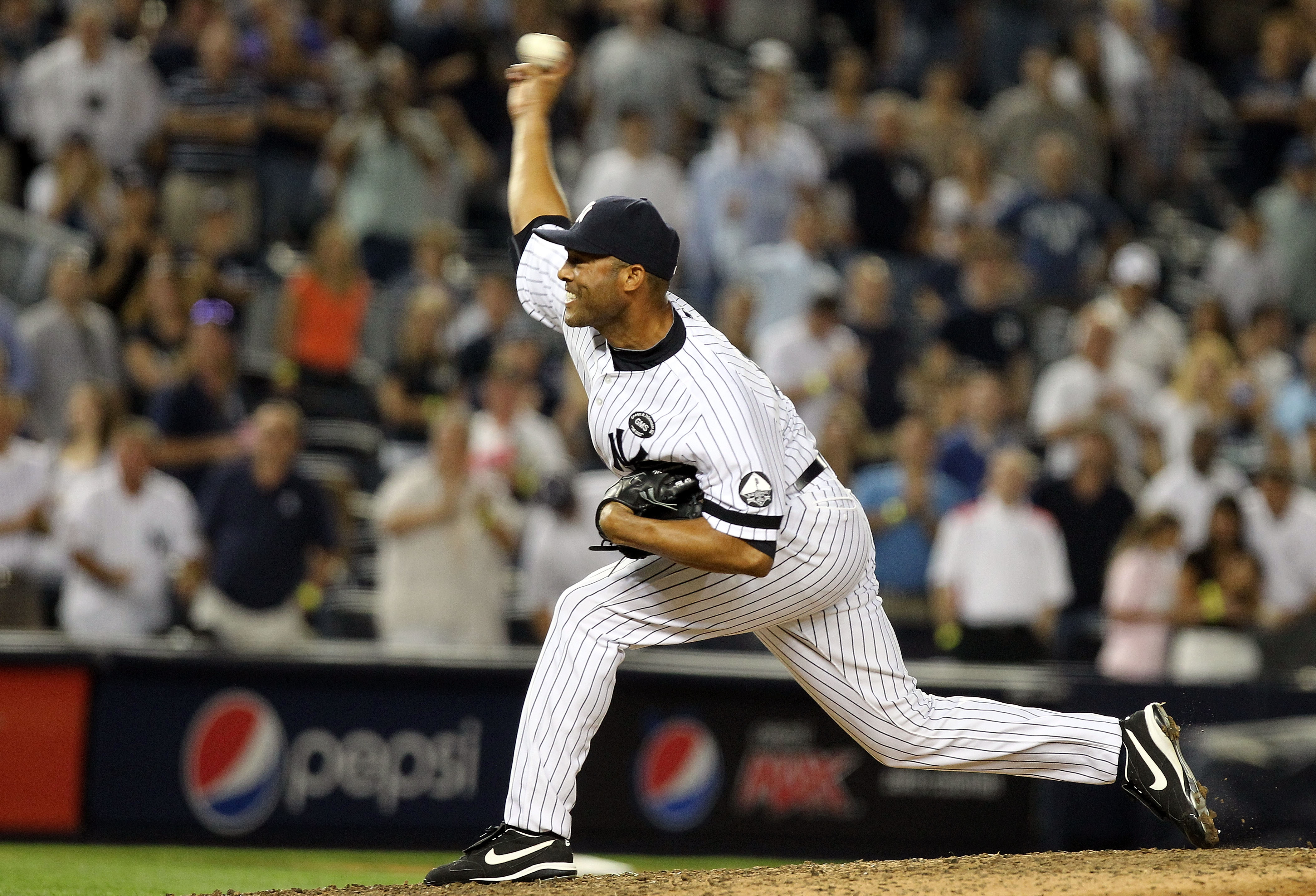 Mariano Rivera pitching on August 18, 2010. Rivera pitched a scoreless inning of relief but entered the game in a non-save situation.