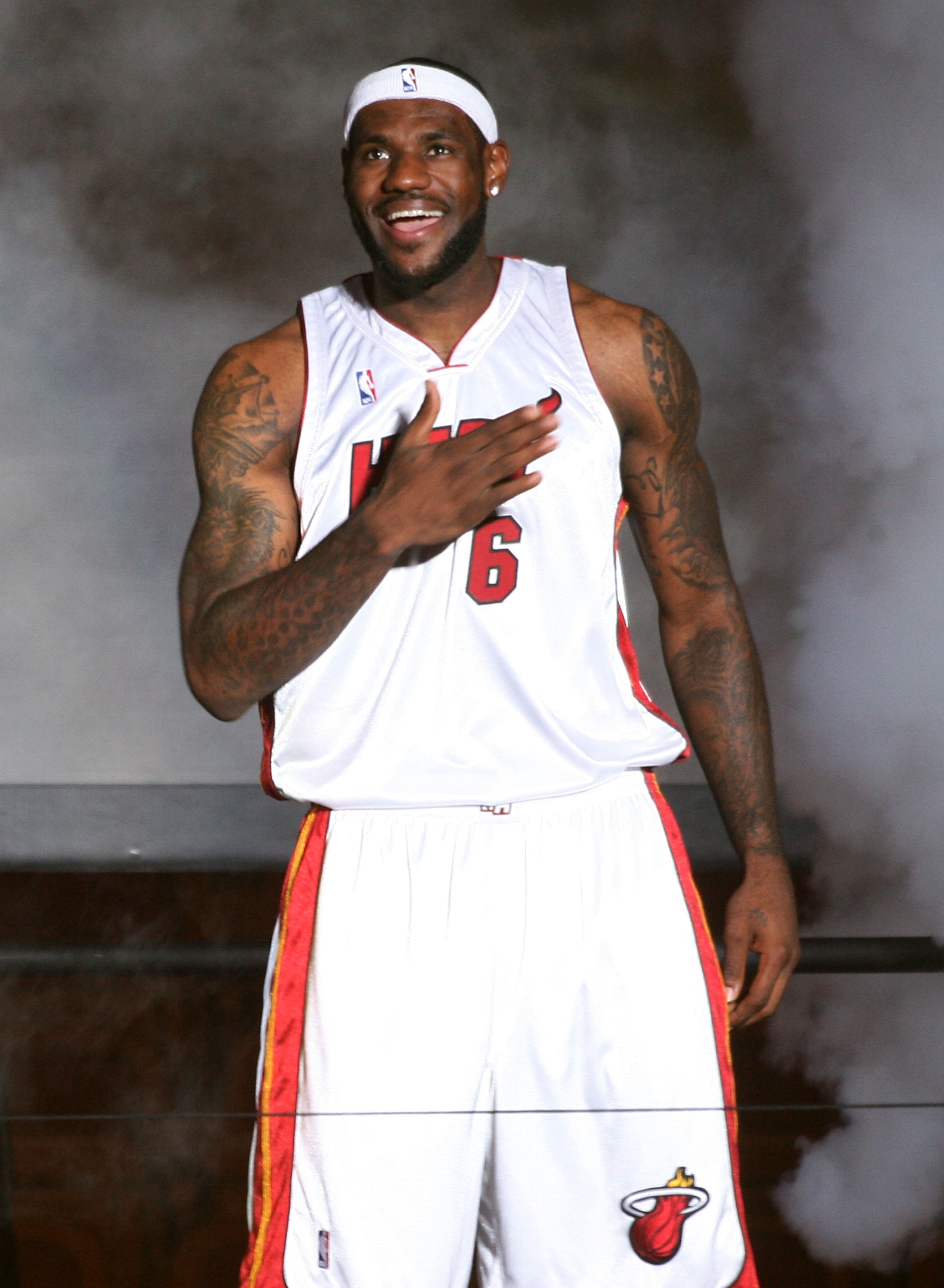 MIAMI - JULY 09: LeBron James #6 of the Miami Heat is introduced during a welcome party at American Airlines Arena on July 9, 2010 in Miami, Florida. (Photo by Marc Serota/Getty Images)