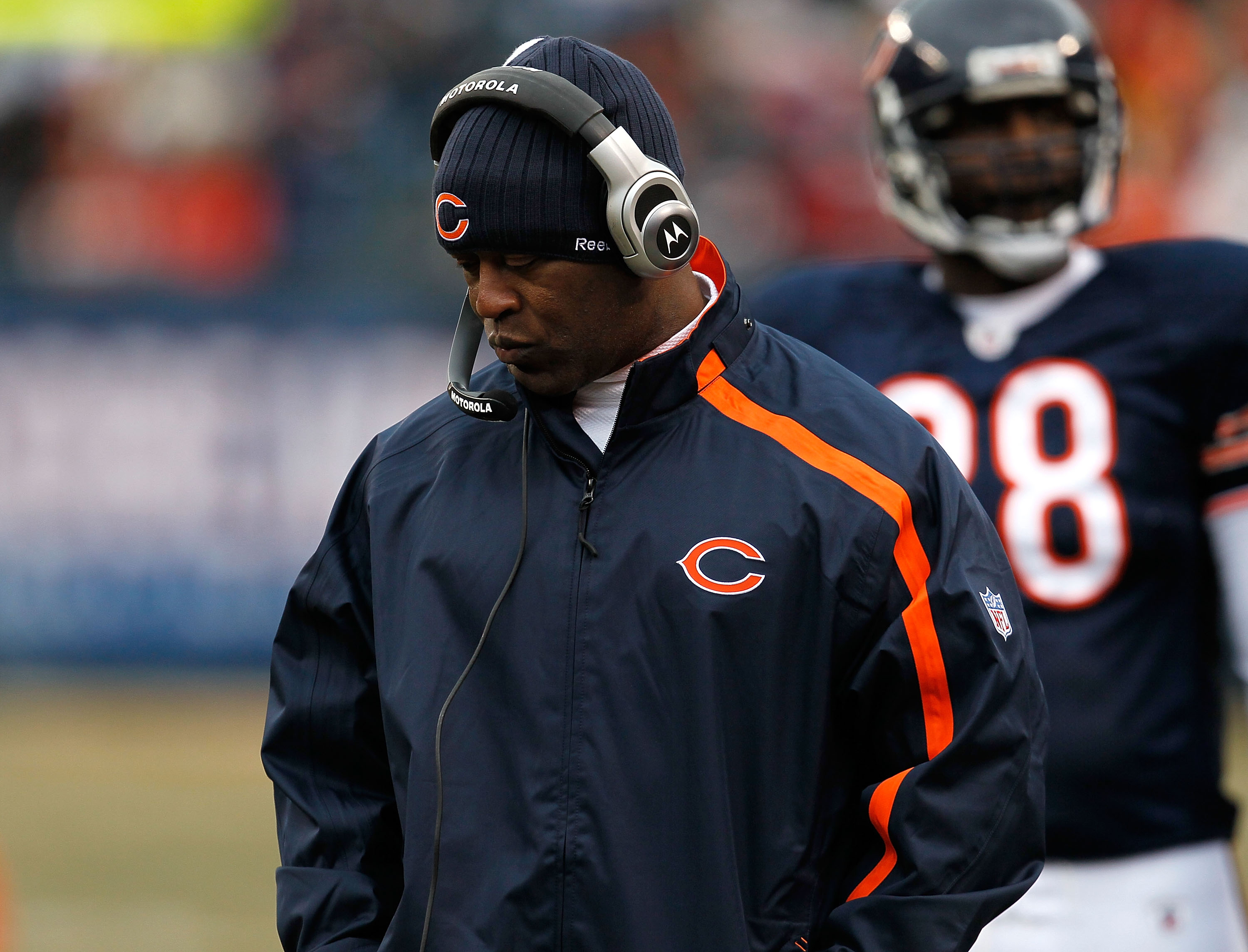 CHICAGO - DECEMBER 13: Head coach Lovie Smith of the Chicago Bears waits for a challenge call during a game against the Green Bay Packers at Soldier Field on December 13, 2009 in Chicago, Illinois. The Packers defeated the Bears 21-14. (Photo by Jonathan