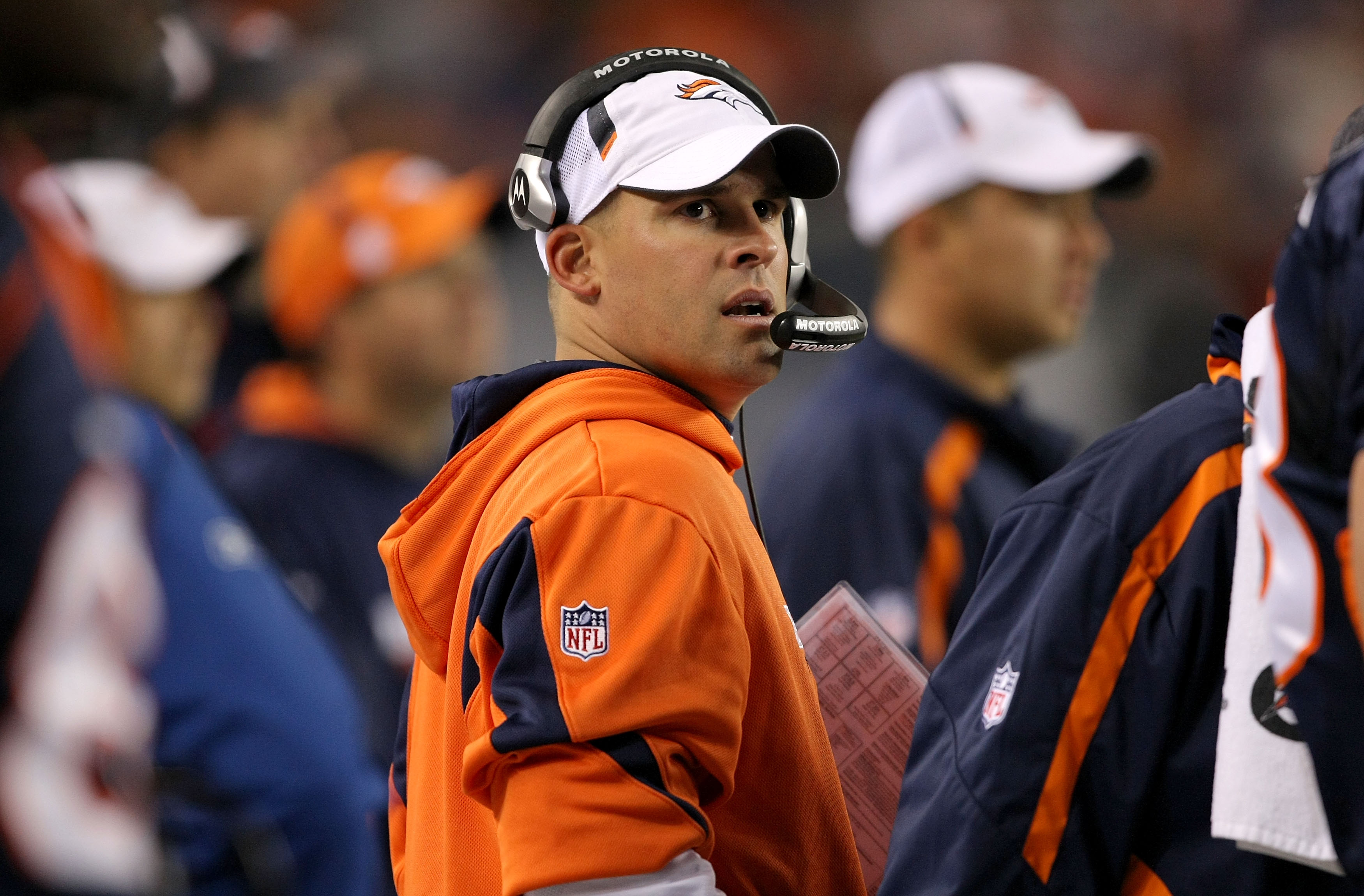 DENVER - NOVEMBER 26:  Head coach Josh McDaniels of the Denver Broncos looks on from the sidelines as he leads his team against the New York Giants during NFL action at Invesco Field at Mile High on November 26, 2009 in Denver, Colorado.  (Photo by Doug P