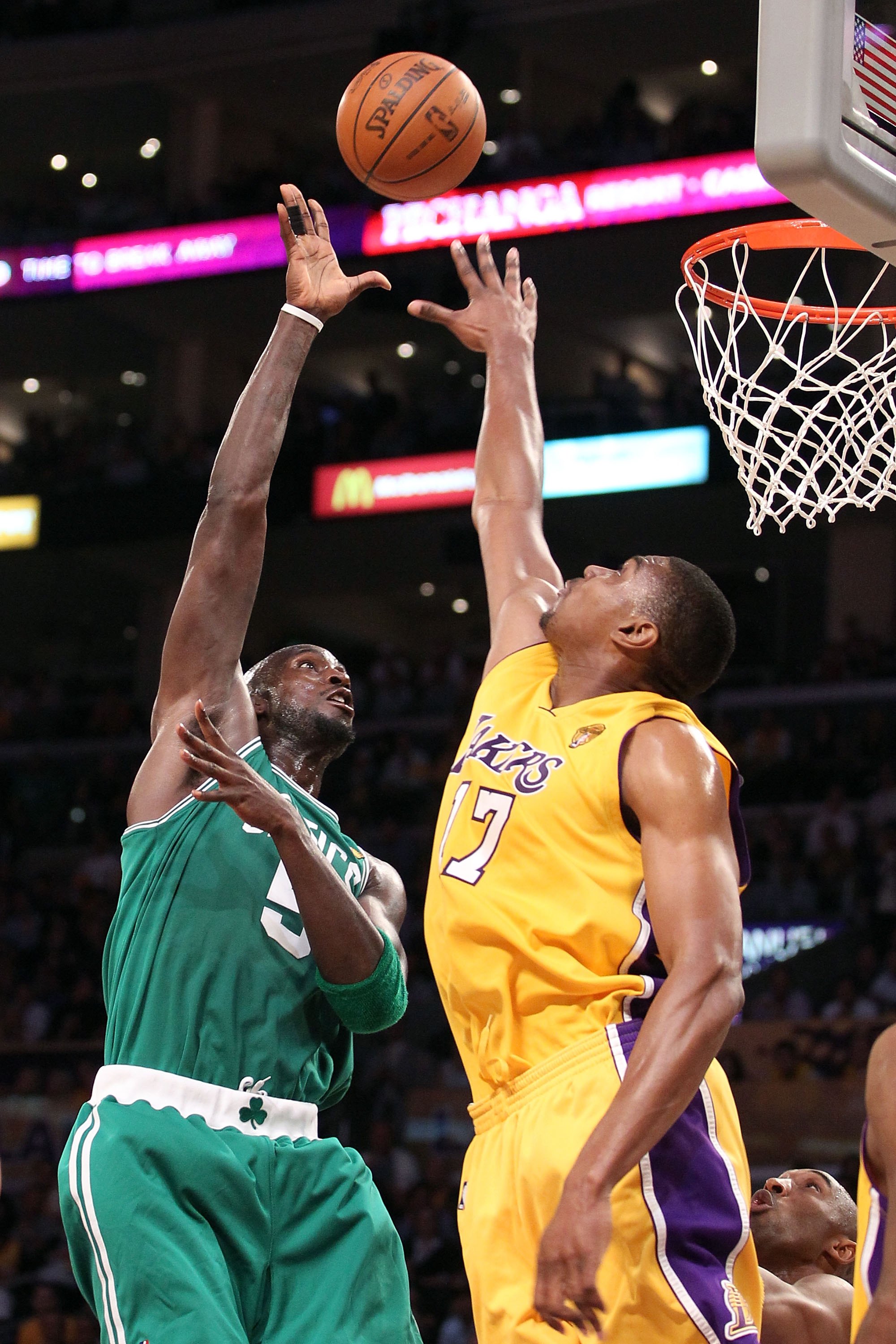 LOS ANGELES, CA - JUNE 17:  Kevin Garnett #5 of the Boston Celtics shoots the ball over Andrew Bynum #17 of the Los Angeles Lakers in Game Seven of the 2010 NBA Finals at Staples Center on June 17, 2010 in Los Angeles, California.  NOTE TO USER: User expr
