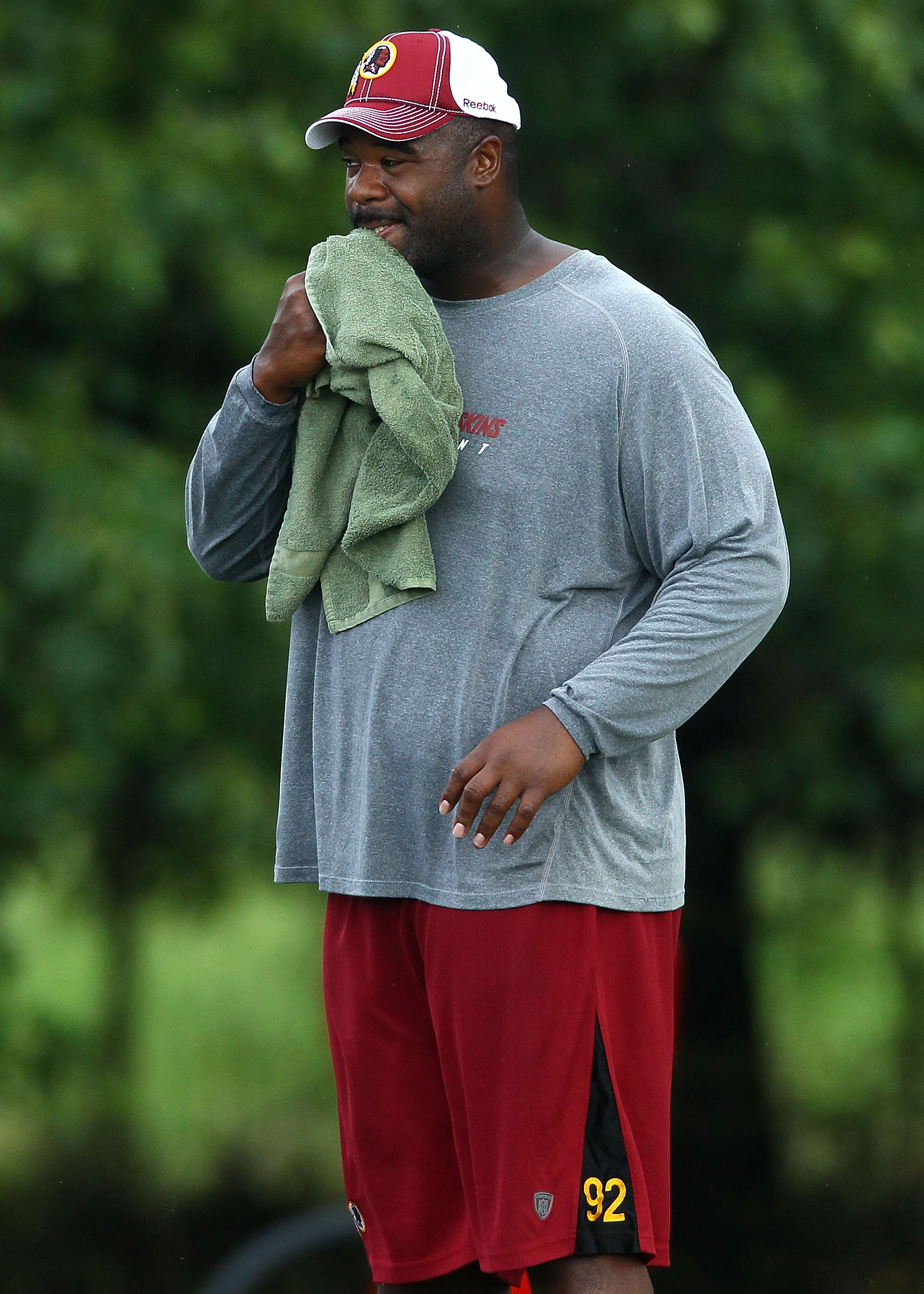 ASHBURN, VA - JULY 29:  Defensive lineman Albert Haynesworth #92 works out after practice during the Redskins first day of training camp on July 29, 2010 in Ashburn, Virginia.  (Photo by Win McNamee/Getty Images)