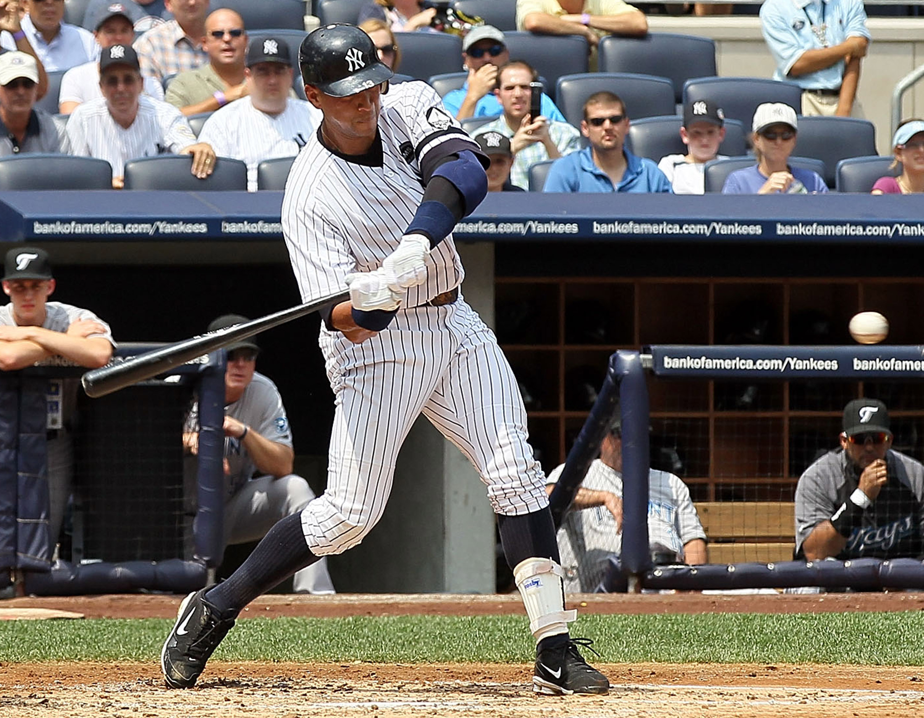 NEW YORK - AUGUST 04:  Alex Rodriguez #13 of the New York Yankees connects on his 600th career home run in the first inning against the Toronto Blue Jays on August 4, 2010 at Yankee Stadium in the Bronx borough of New York City.  (Photo by Jim McIsaac/Get