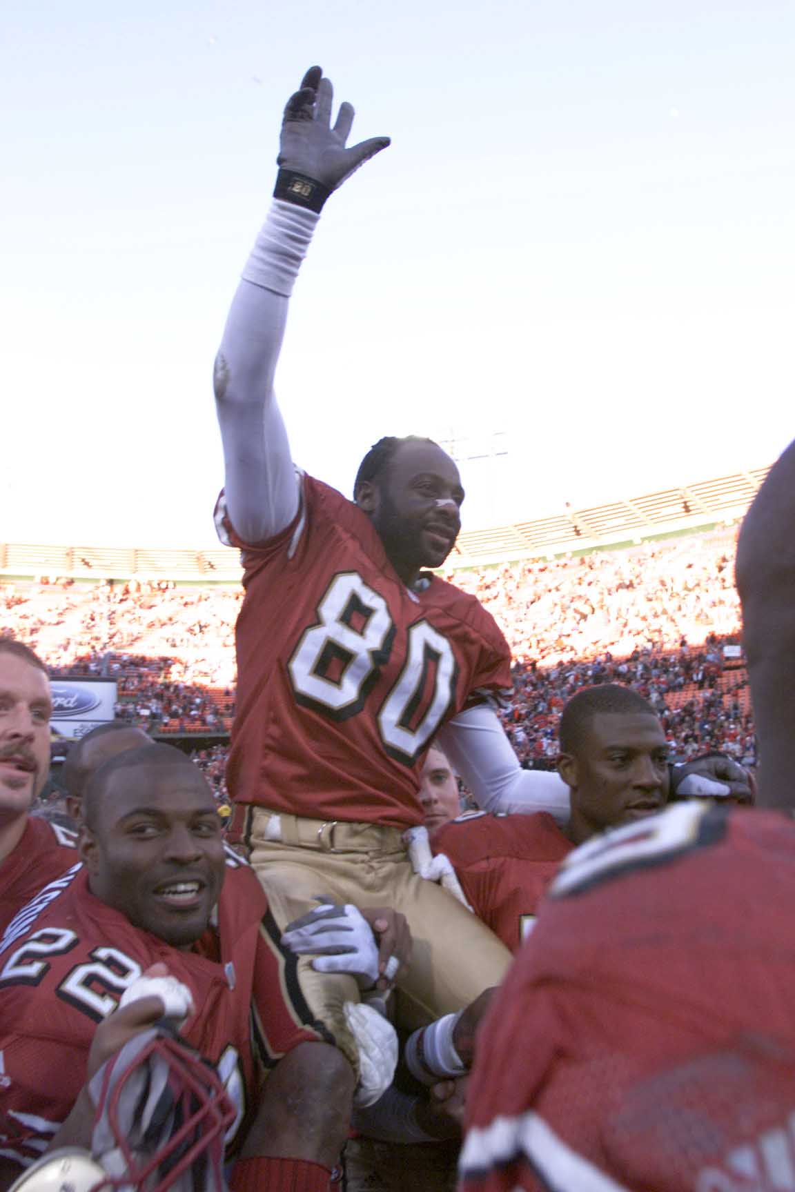 17 Dec 2000: Jerry Rice #80 of the San Francisco 49ers is carried off the field after defeating the Chicago Bears during a game at 3Comm Park in San Francisco, California. DIGITAL IMAGE. Mandatory Credit: Jed Jacobsohn/ALLSPORT
