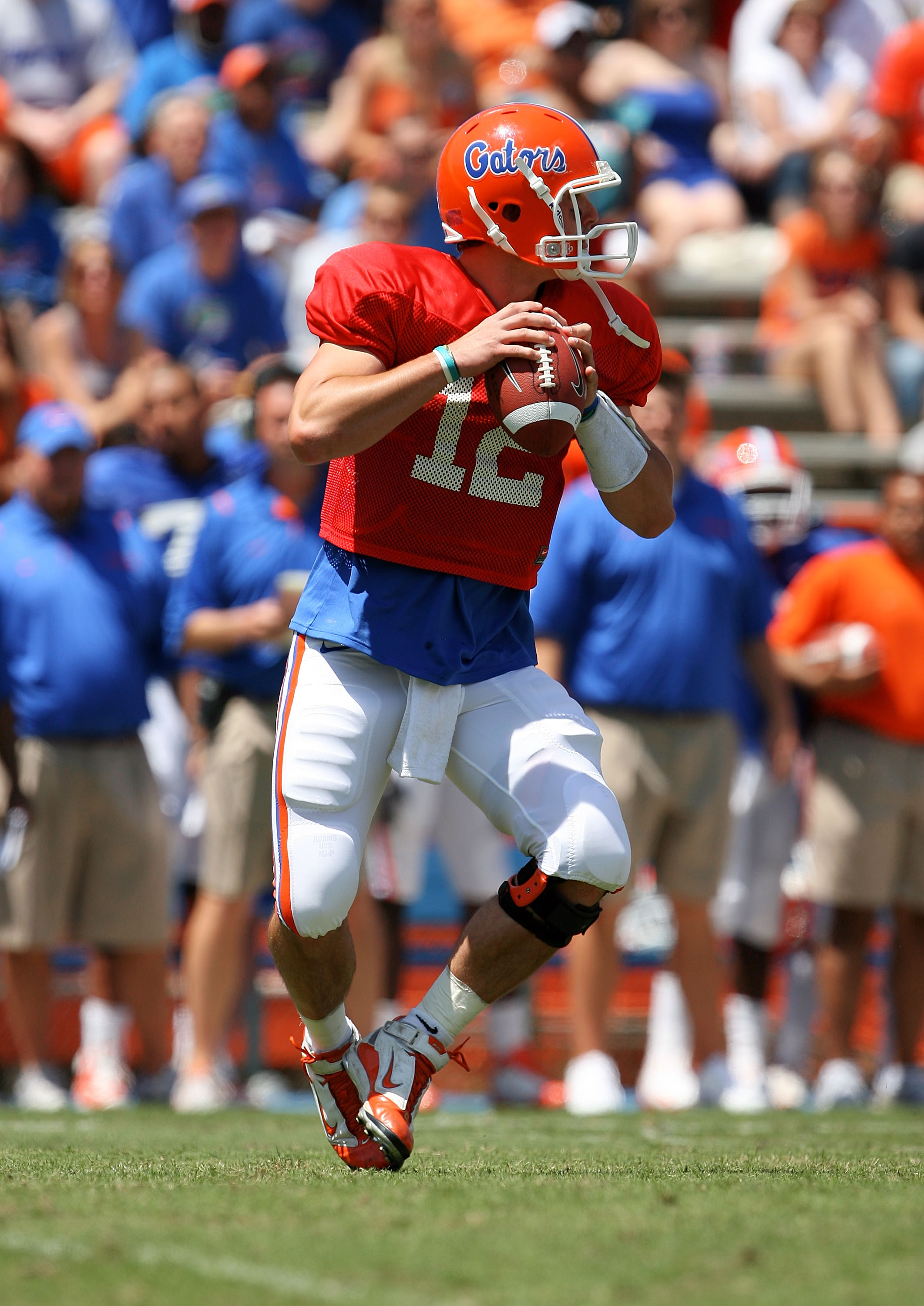 GAINESVILLE, FL - APRIL 10:  Quarterback John Brantley #12 of the Florida Gators drops back to pass during the Orange & Blue game at Ben Hill Griffin Stadium on April 10, 2010 in Gainesville, Florida.  (Photo by Doug Benc/Getty Images)