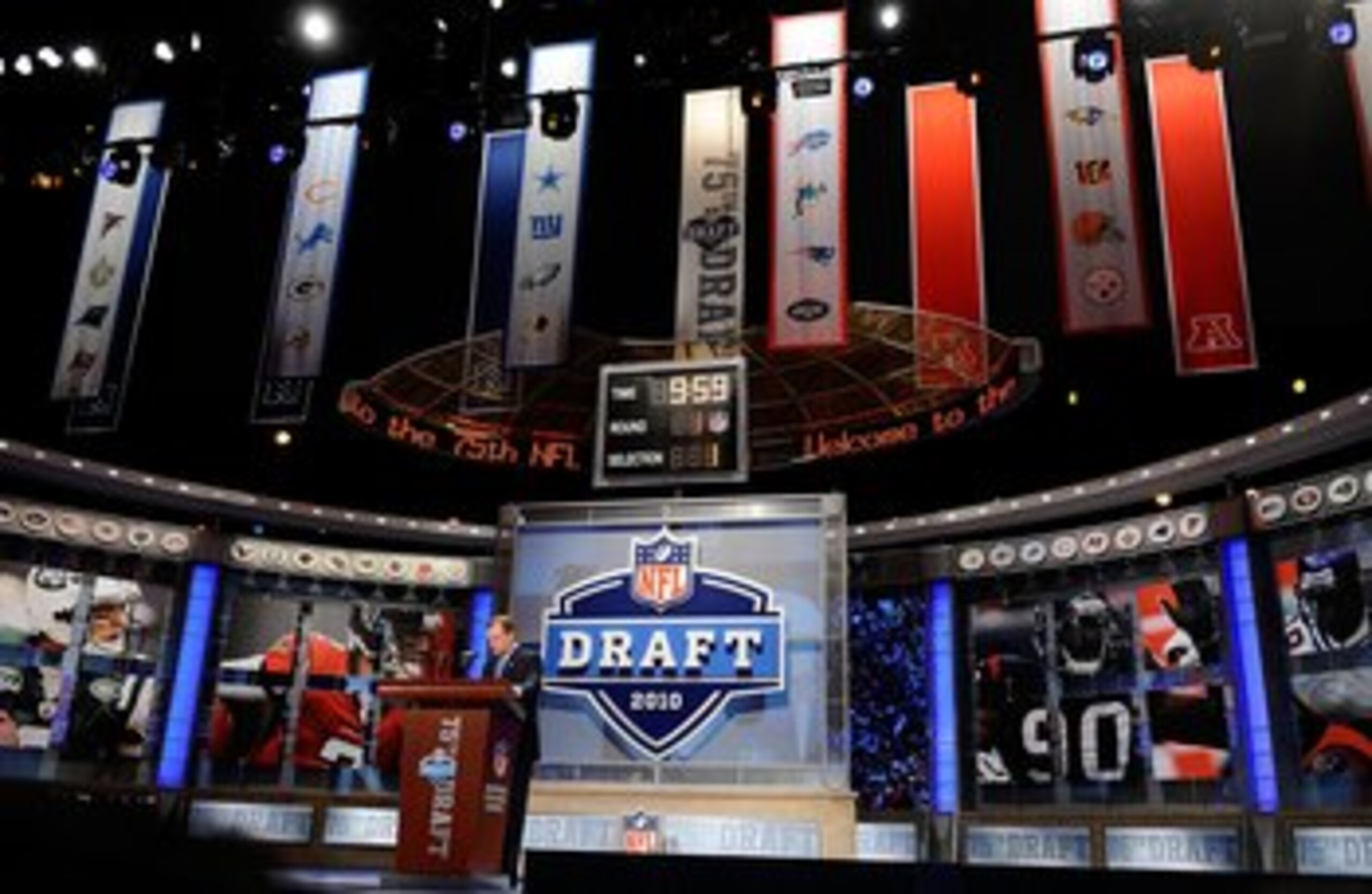 NEW YORK - APRIL 22:  NFL Commissioner Roer Goodell stands at the podium on stage during the first round of the 2010 NFL Draft at Radio City Music Hall on April 22, 2010 in New York City.  (Photo by Jeff Zelevansky/Getty Images)