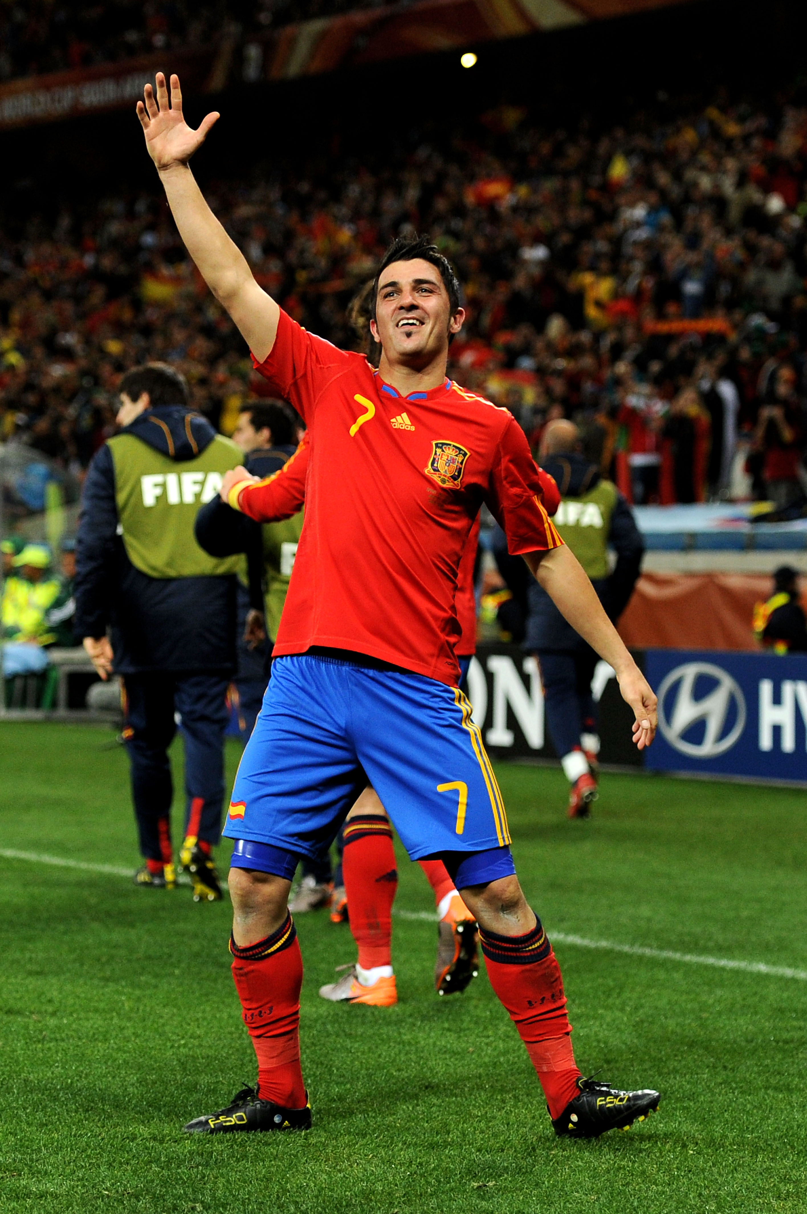 CAPE TOWN, SOUTH AFRICA - JUNE 29:  David Villa of Spain celebrates scoring the opening goal during the 2010 FIFA World Cup South Africa Round of Sixteen match between Spain and Portugal at Green Point Stadium on June 29, 2010 in Cape Town, South Africa.