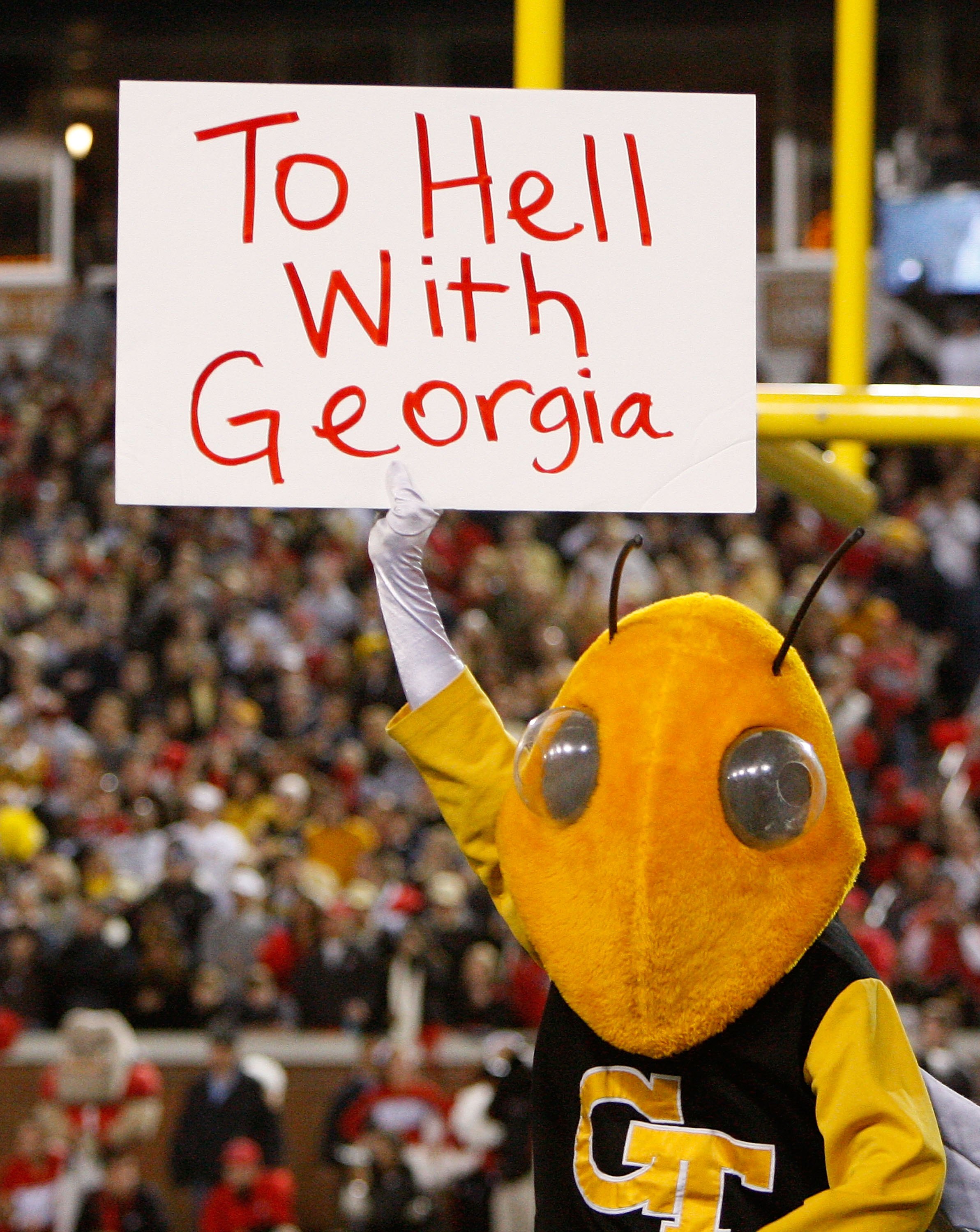 ATLANTA - NOVEMBER 28: Buzz, mascot of the Georgia Tech Yellow Jackets, holds up a sign against the Georgia Bulldogs at Bobby Dodd Stadium on November 28, 2009 in Atlanta, Georgia. (Photo by Kevin C. Cox/Getty Images)