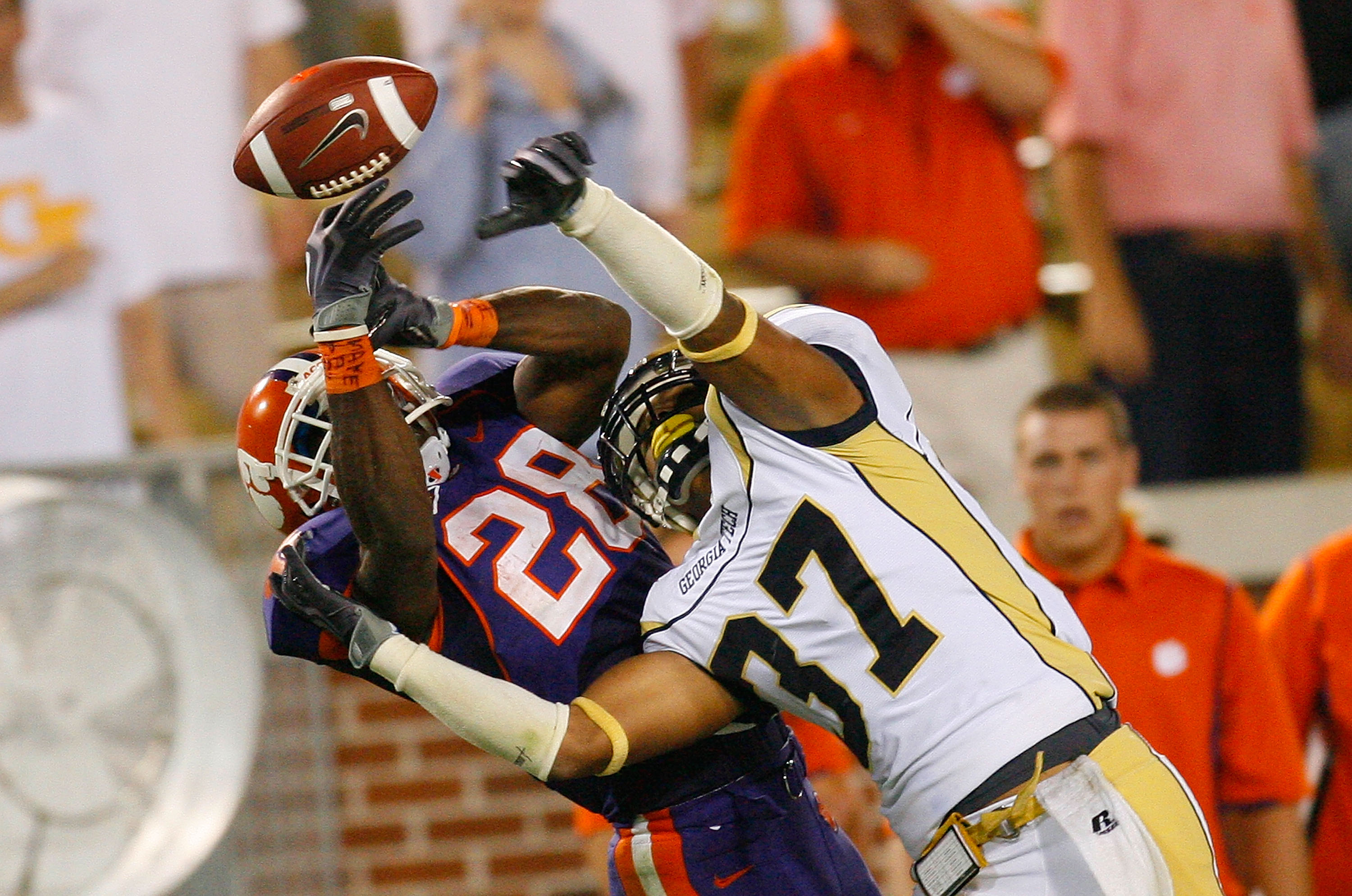 ATLANTA - SEPTEMBER 10: Jerrard Tarrant #37 of the Georgia Tech Yellow Jackets breaks up a reception intended for C.J. Spiller #28 of the Clemson Tigers at Bobby Dodd Stadium on September 10, 2009 in Atlanta, Georgia. (Photo by Kevin C. Cox/Getty Images