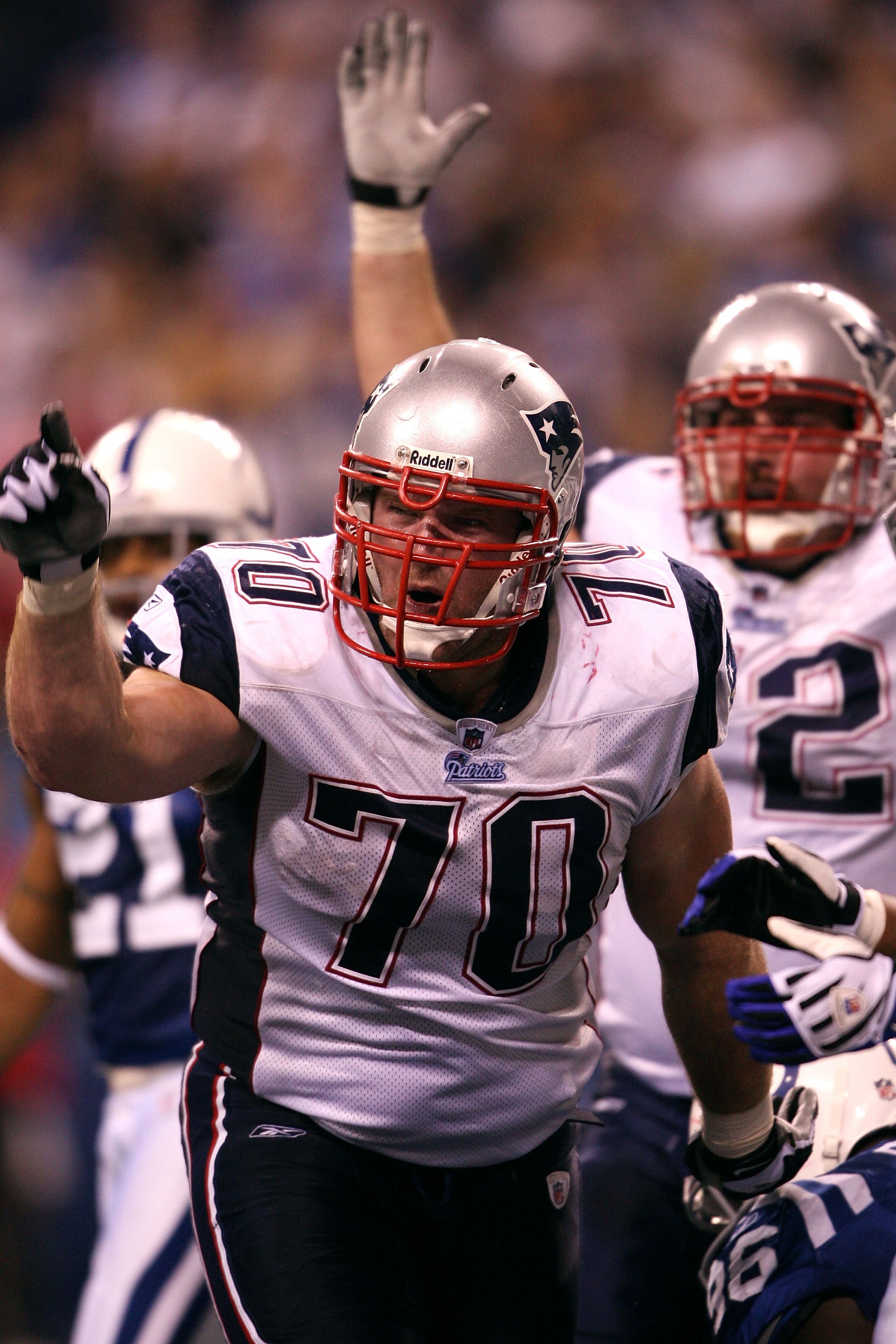 INDIANAPOLIS - NOVEMBER 02:  Logan Mankins #70 of the New England Patriots reacts after BenJarvus Green-Ellis #42 scored a 6-yard rushing touchdown in the third quarter against the Indianapolis Colts at Lucas Oil Stadium on November 2, 2008 in Indianapoli