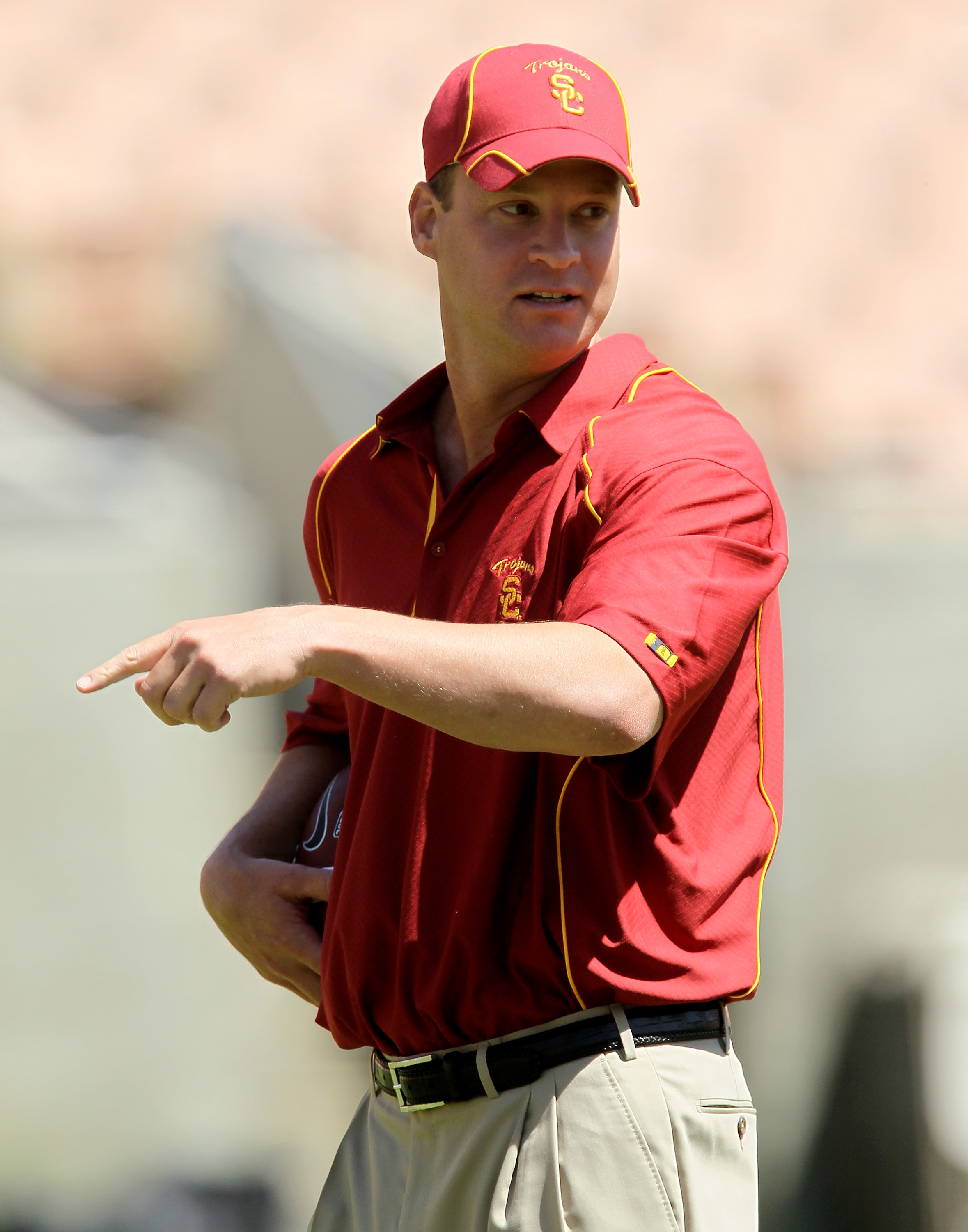 LOS ANGELES, CA - MAY 01: Head coach Lane Kiffin looks on during the USC Trojans spring game on May 1, 2010 at the Los Angeles Memorial Coliseum in Los Angeles, California. (Photo by Stephen Dunn/Getty Images)