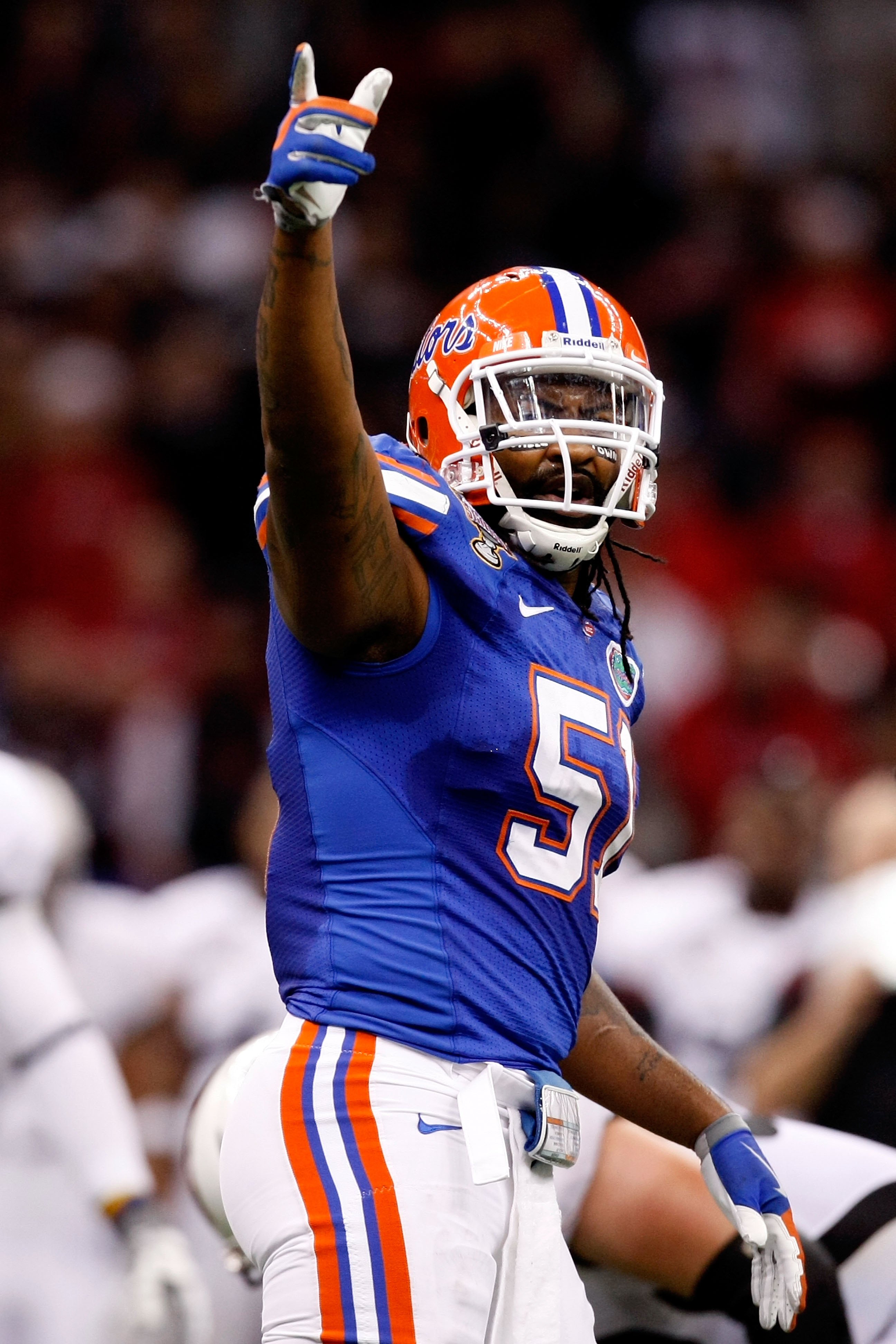NEW ORLEANS - JANUARY 01: Brandon Spikes #51 of the Florida Gators celebrates after a play against the Cincinnati Bearcats during the Allstate Sugar Bowl at the Louisana Superdome on January 1, 2010 in New Orleans, Louisiana. (Photo by Kevin C. Cox/Gett