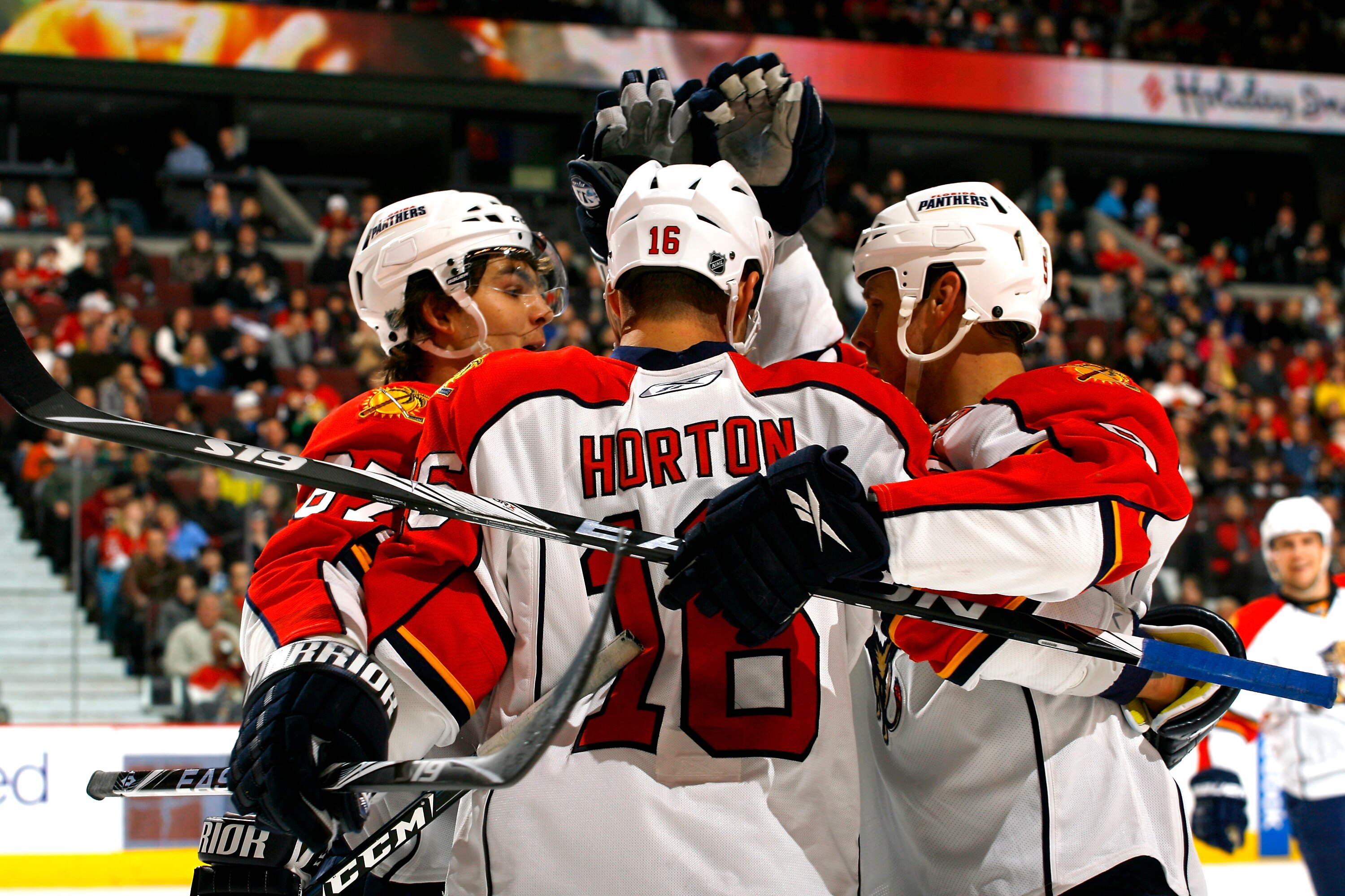 OTTAWA, ON - JANUARY 9: Nathan Horton #9 of the Florida Panthers celebrates his goal against the Ottawa Senators with teammates Michael Frolik #67 and Stephen Weiss #9 in a game at Scotiabank Place on January 9, 2010 in Ottawa, Canada. (Photo by Phillip