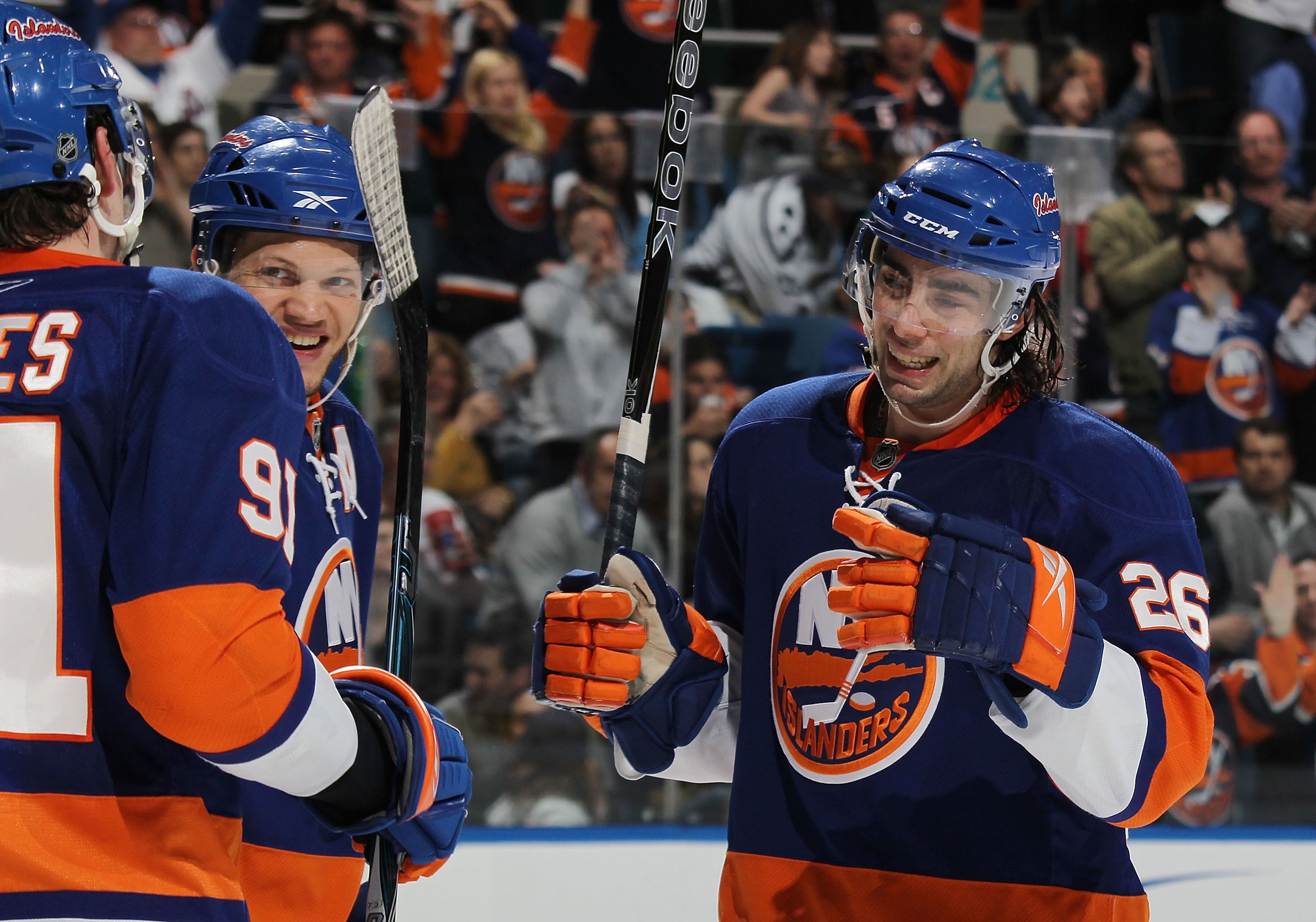 UNIONDALE, NY - APRIL 11:  Matt Moulson #26 of the New York Islanders celebrates his 30th goal of the season against the Pittsburgh Penguins at the Nassau Coliseum on April 11, 2010 in Uniondale, New York.  (Photo by Bruce Bennett/Getty Images)