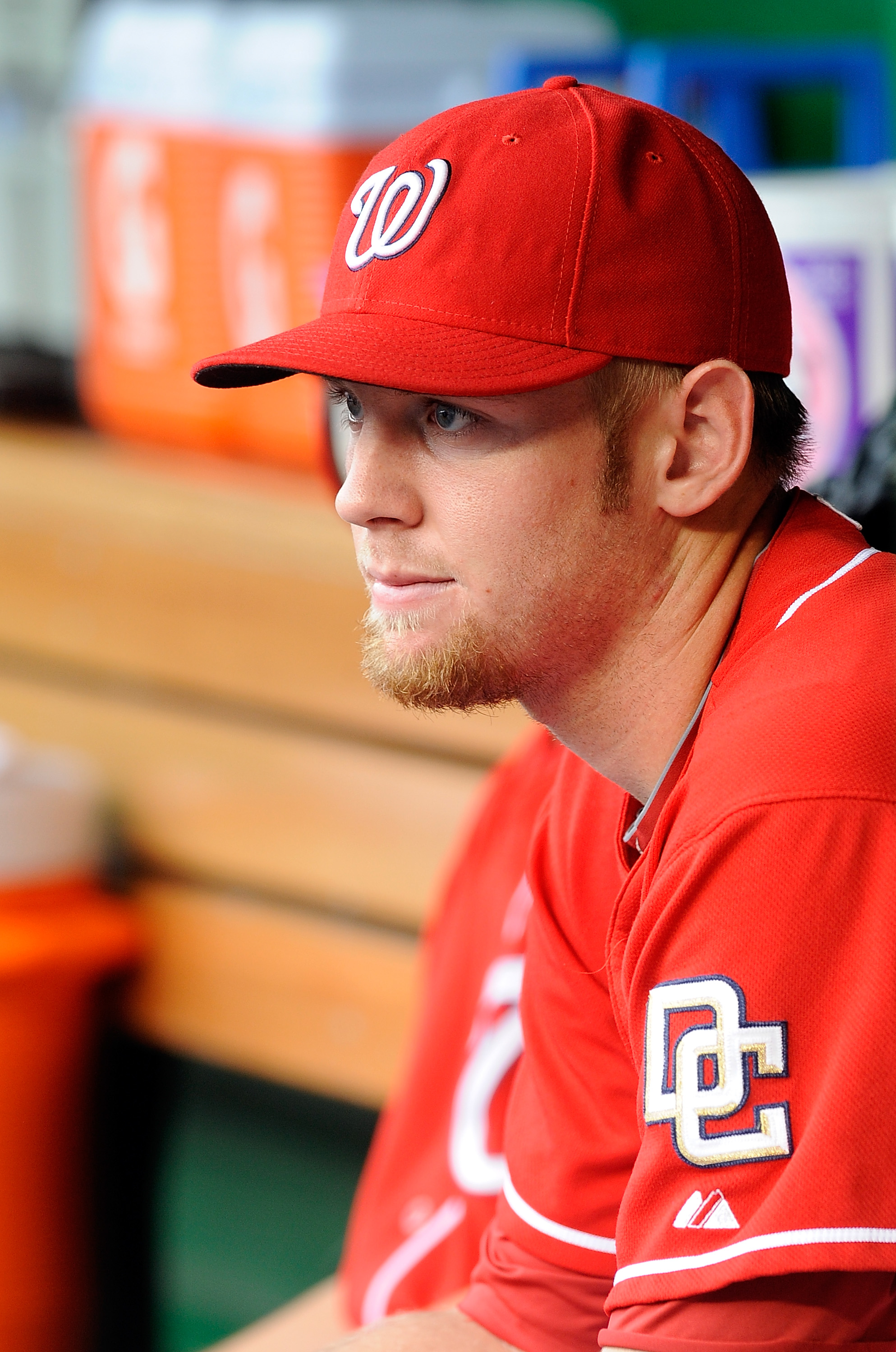 WASHINGTON - JULY 29:  Stephen Strasburg #37 of the Washington Nationals watches the game against the Atlanta Braves at Nationals Park on July 29, 2010 in Washington, DC.  (Photo by Greg Fiume/Getty Images)