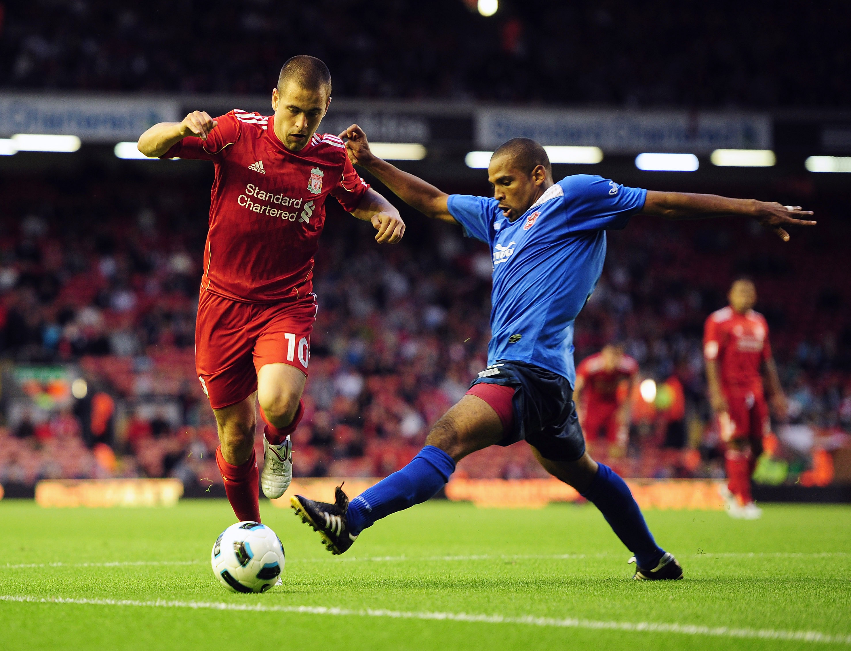 LIVERPOOL, ENGLAND - AUGUST 05:  Joe Cole of Liverpool in action during the Europa League, Third Qualifying Round, Second Leg match between Liverpool and FK Rabotnicki at Anfield on August 5, 2010 in Liverpool, England.  (Photo by Clive Mason/Getty Images
