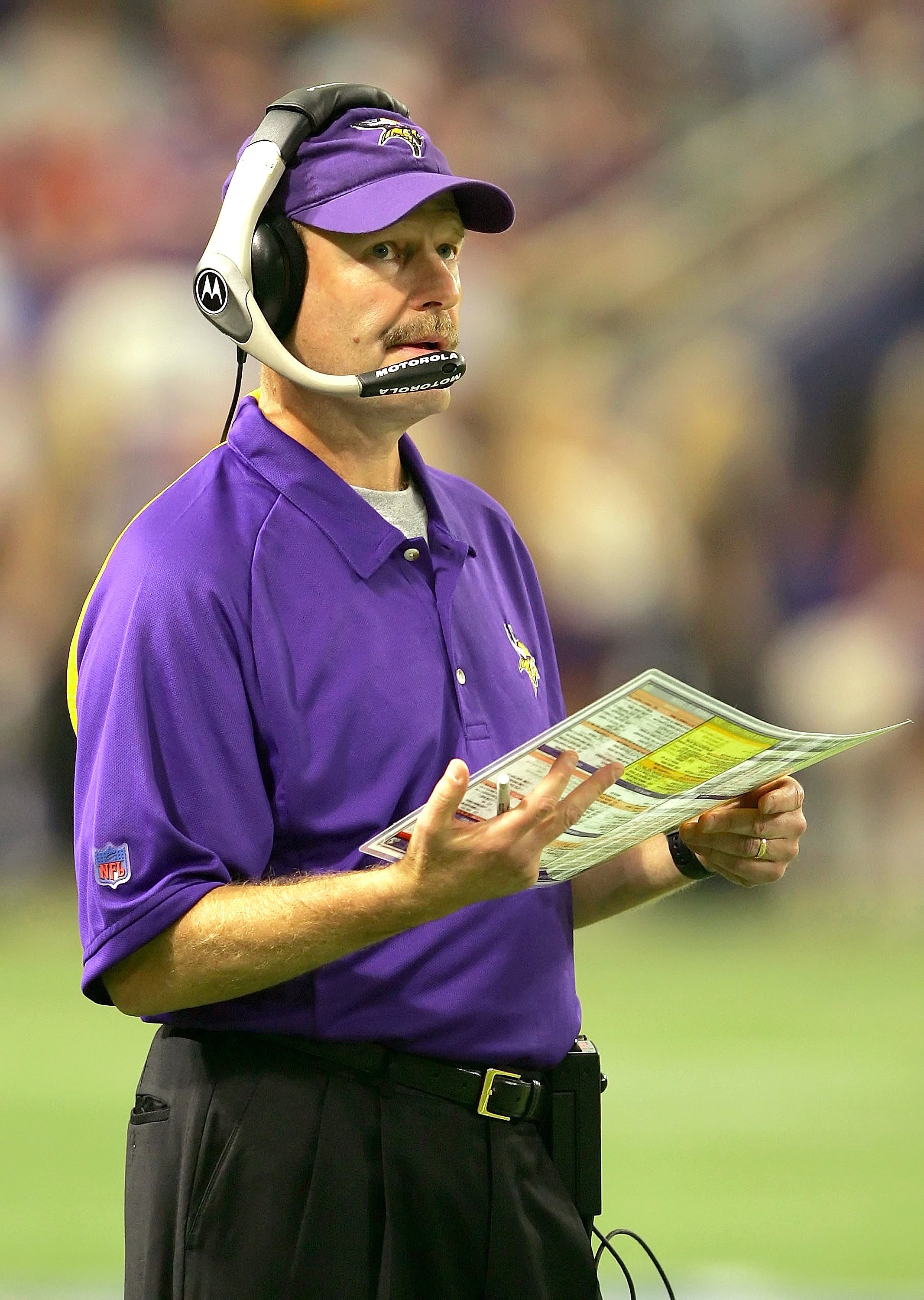 MINNEAPOLIS, MN - SEPTEMBER 17: Head coach Brad Childress of the Minnesota Vikings looks on from the sideline during the game against the Carolina Panthers on September 17, 2006 at Hubert H. Hunphrey Metrodome in Minneapolis, Minnesota. (Photo by Lisa Blu