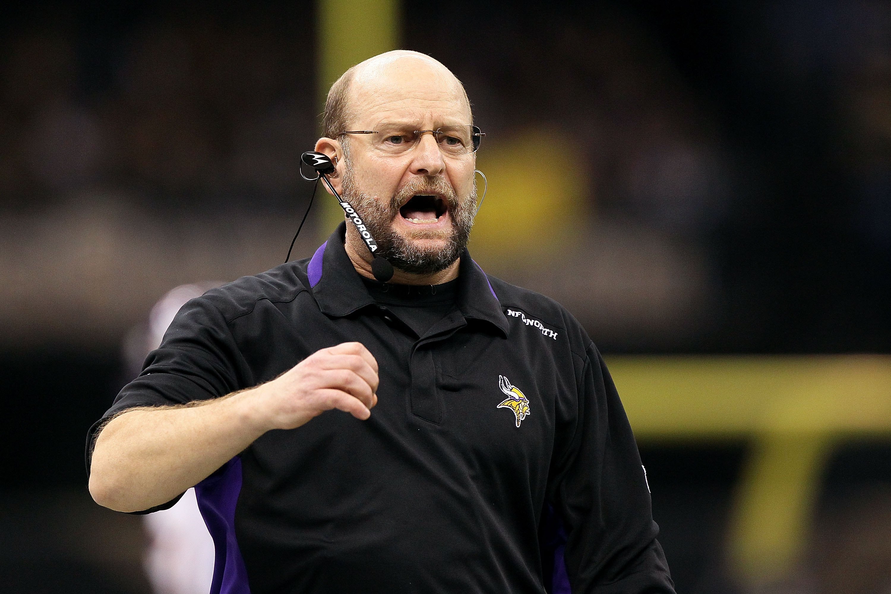 NEW ORLEANS - JANUARY 24:  Head coach Brad Childress of the Minnesota Vikings reacts against the New Orleans Saints during the NFC Championship Game at the Louisiana Superdome on January 24, 2010 in New Orleans, Louisiana.  (Photo by Jed Jacobsohn/Getty I