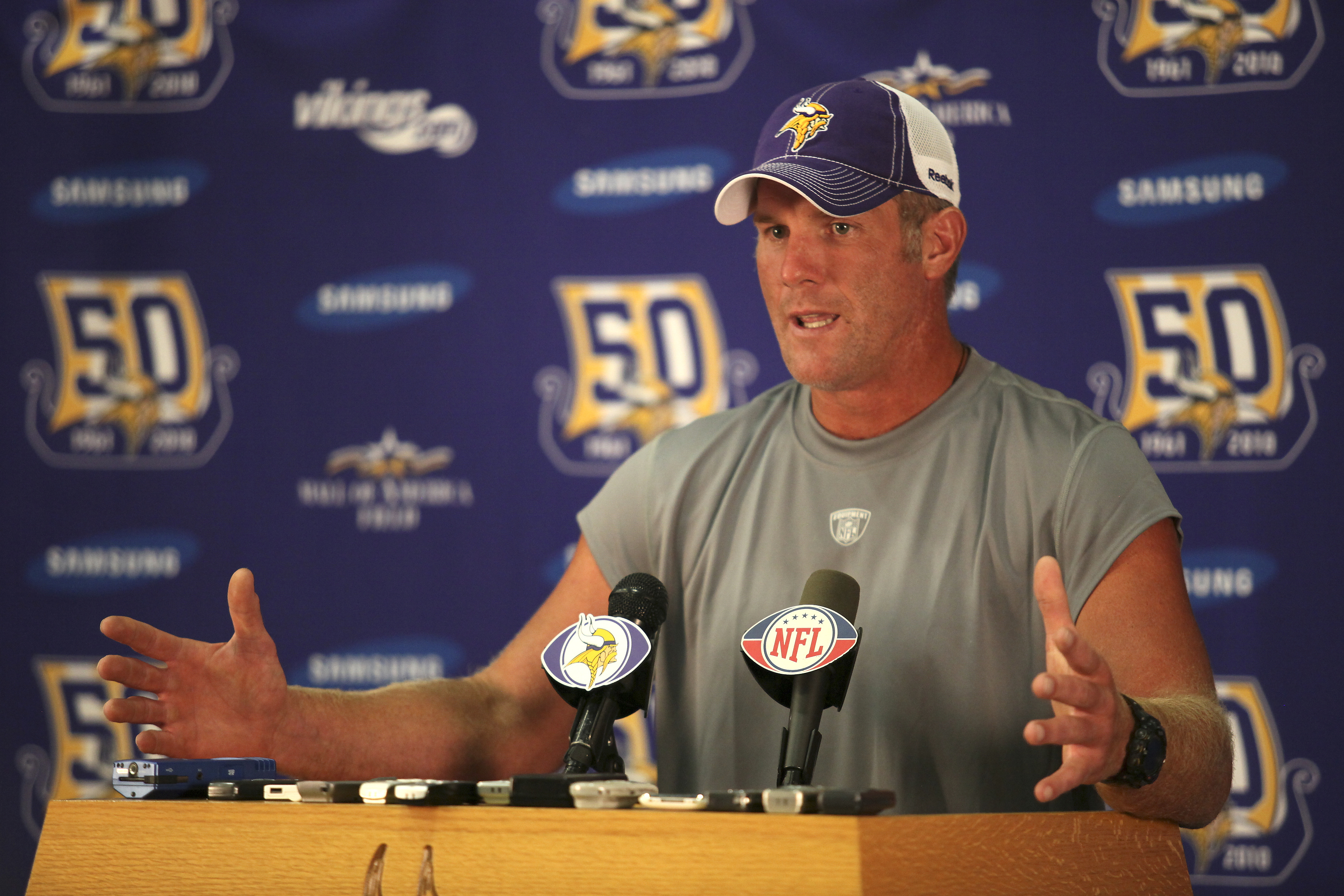 EDEN PRAIRIE, MN - AUGUST 18: Minnesota Vikings quarterback Brett Favre addresses the media at a press conference after the first morning practice since returning to Vikings Winter Park on August 18, 2010 in Eden Prairie, Minnesota. Favre injured his ankl